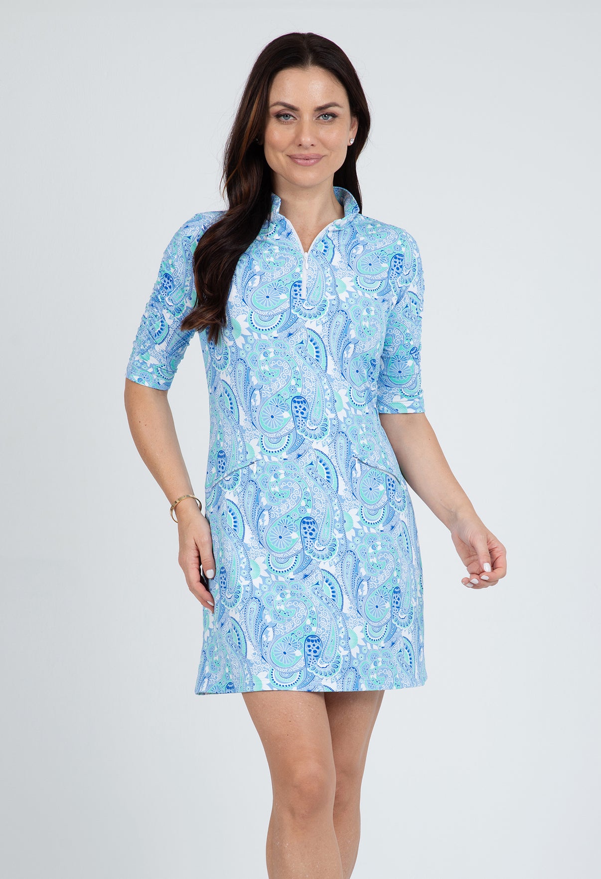 IBKÜL - Gloria Print Ruched Elbow Length Sleeve Dress – 40869 - Color: Peri/Jade