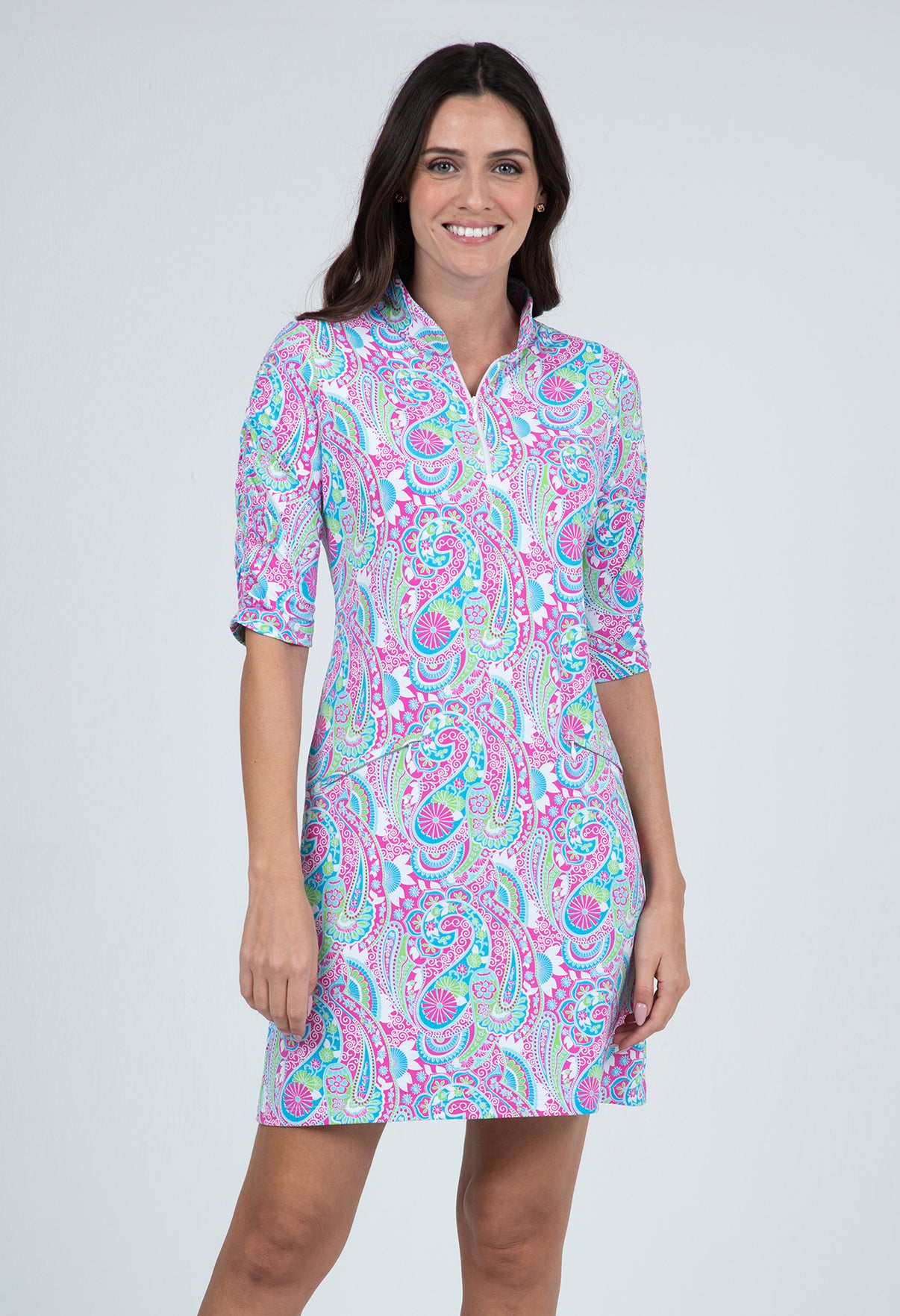 IBKÜL - Gloria Print Ruched Elbow Length Sleeve Dress – 40869 - Color: Hot Pink/Turquoise