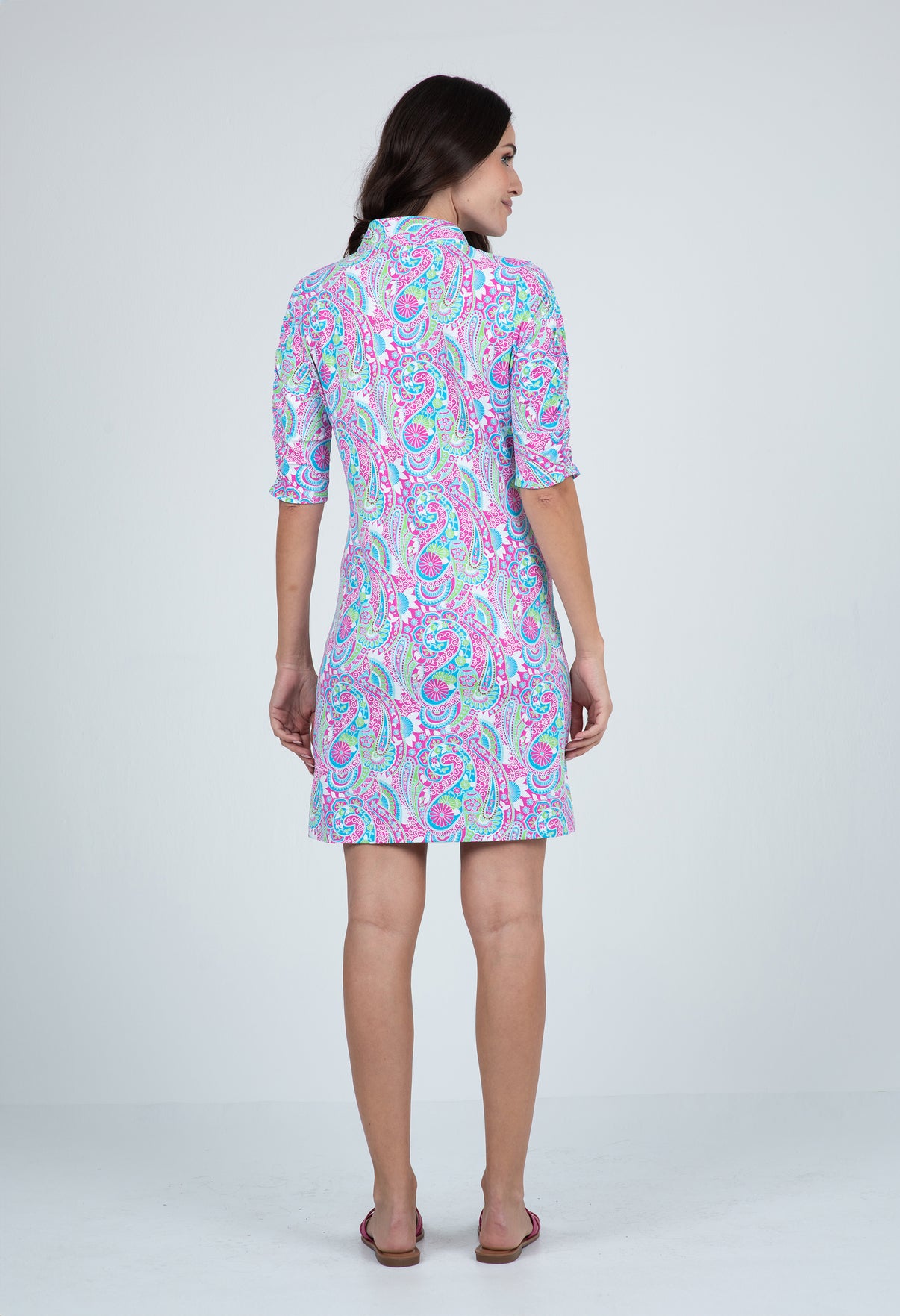 IBKÜL - Gloria Print Ruched Elbow Length Sleeve Dress – 40869 - Color: Hot Pink/Turquoise