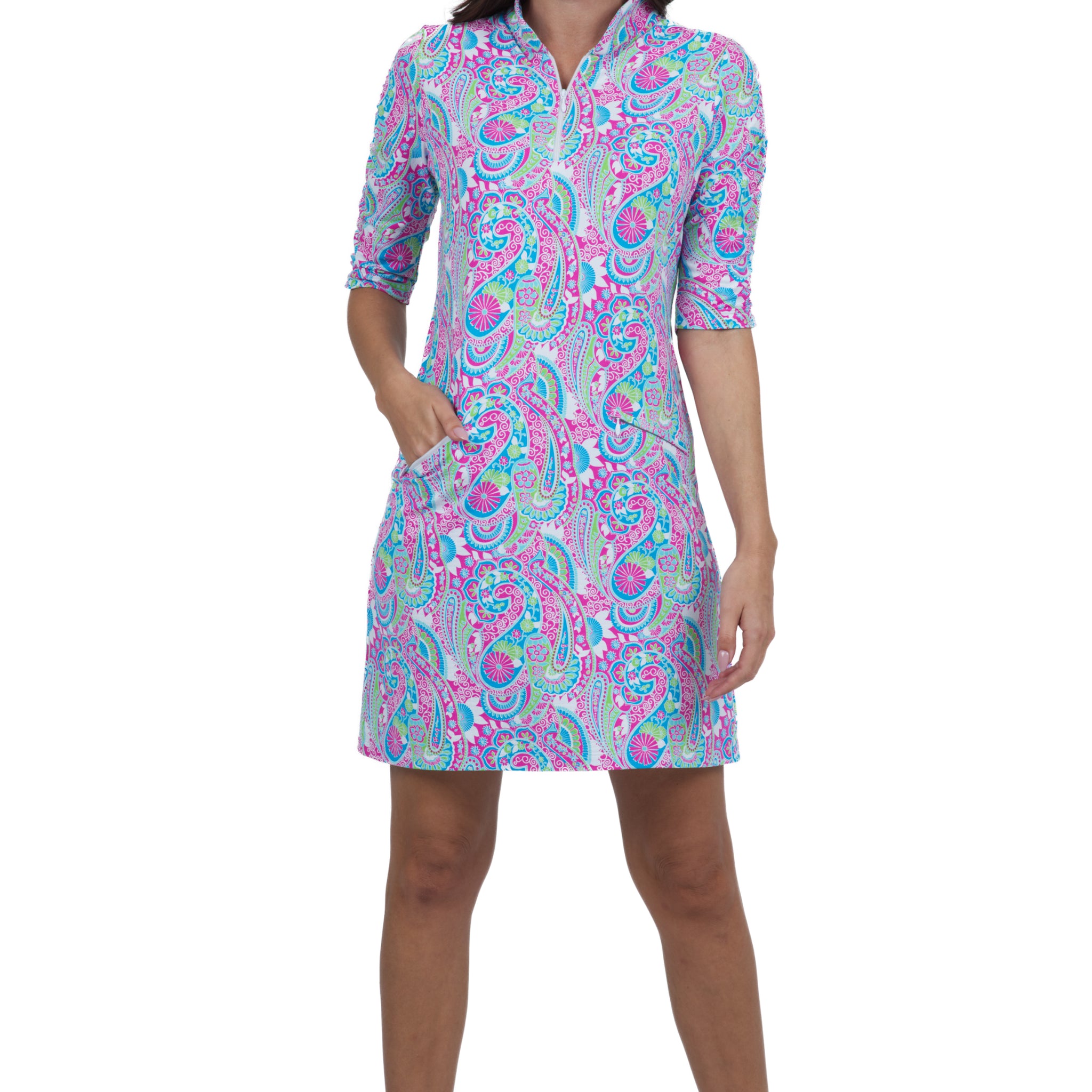 IBKÜL - Gloria Print Ruched Elbow Length Sleeve Dress – 40869 - Color: Hot Pink/Turquoise
