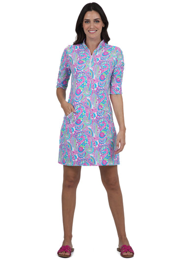 IBKÜL - Gloria Print Ruched Elbow Length Sleeve Dress – 40869 - Color: Hot Pink/Turquoise