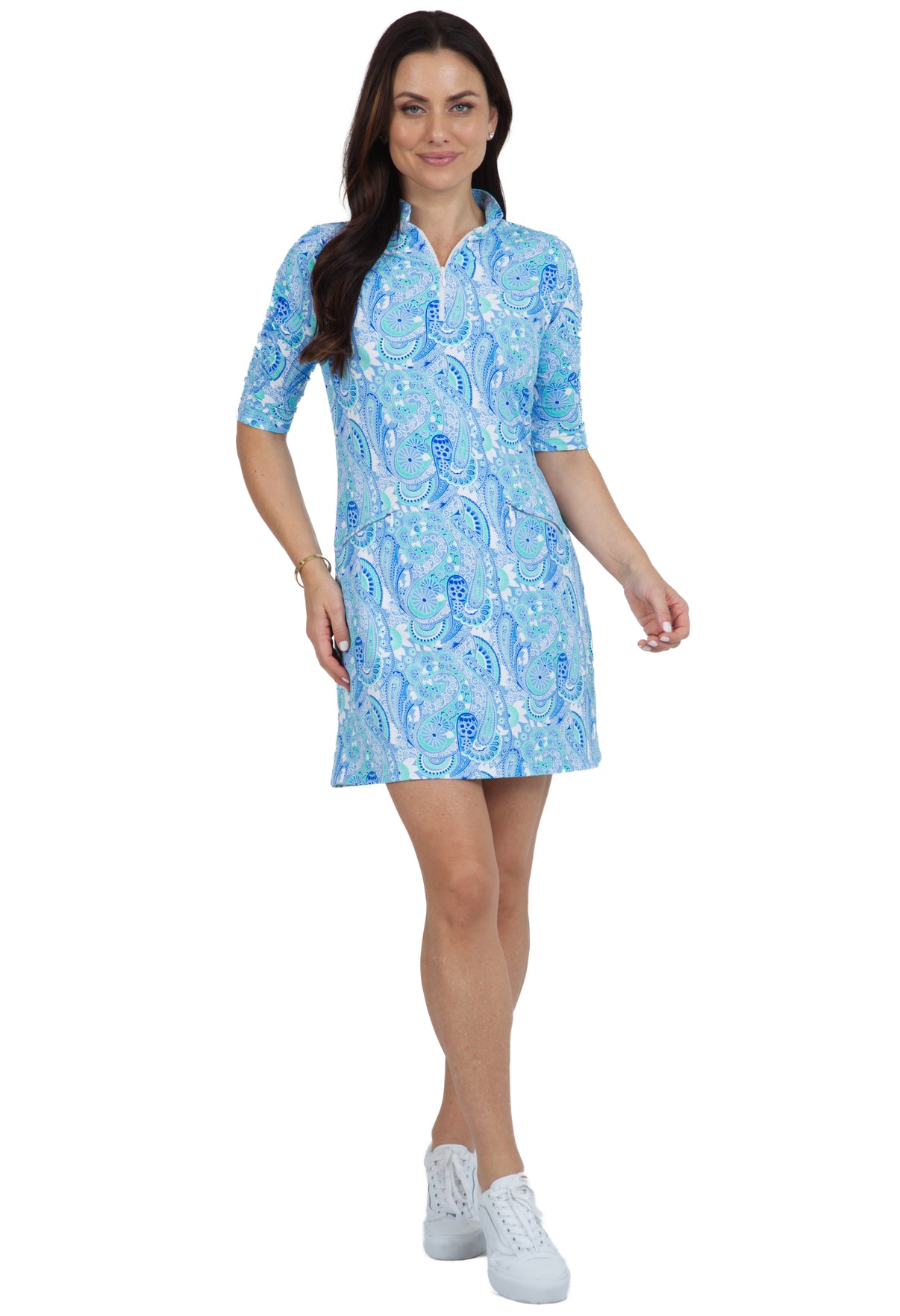 IBKÜL - Gloria Print Ruched Elbow Length Sleeve Dress – 40869 - Color: Peri/Jade