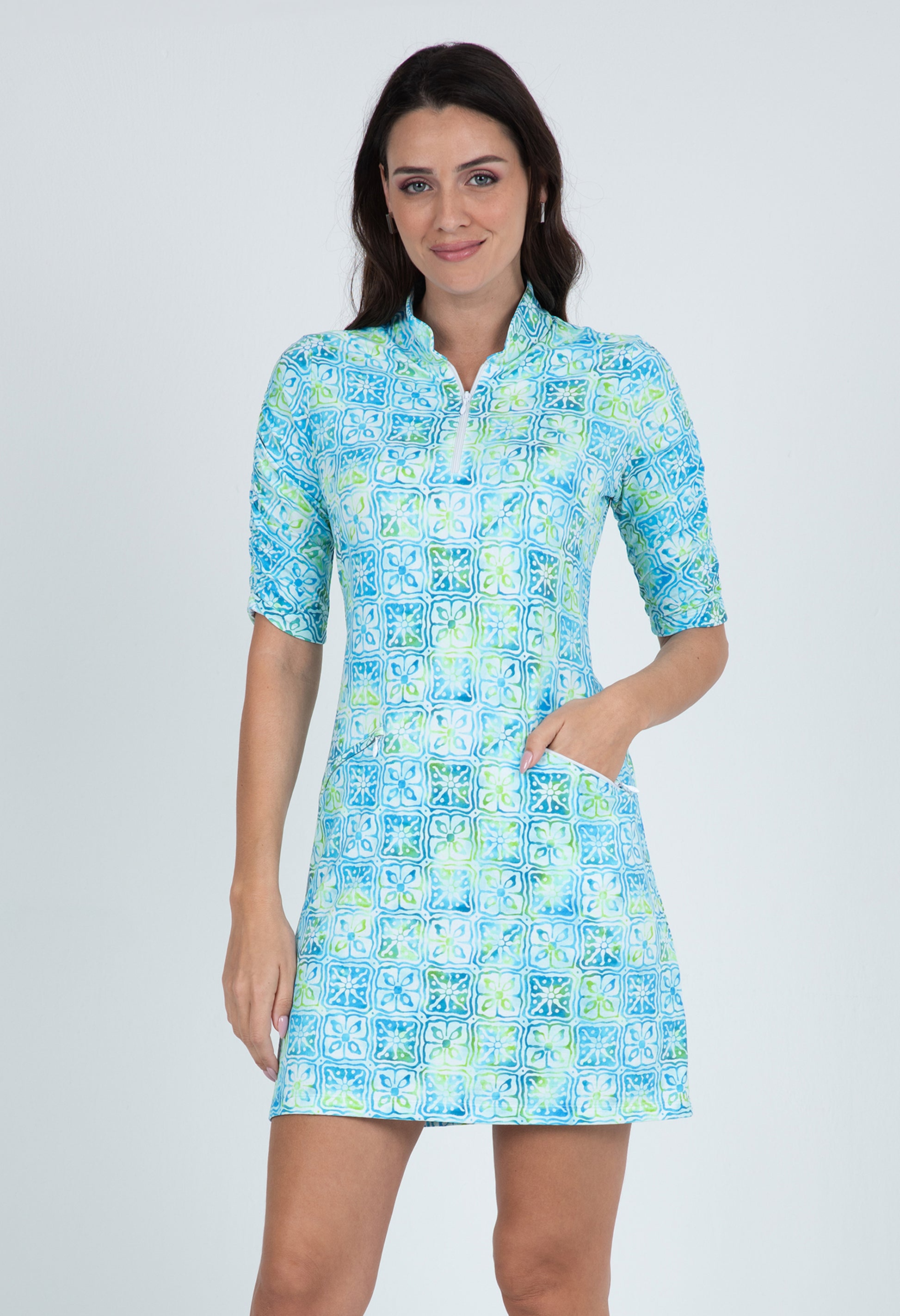 IBKÜL - Kathy Print Ruched Elbow Length Sleeve Dress – 40871 - Color: Turquoise/Lime