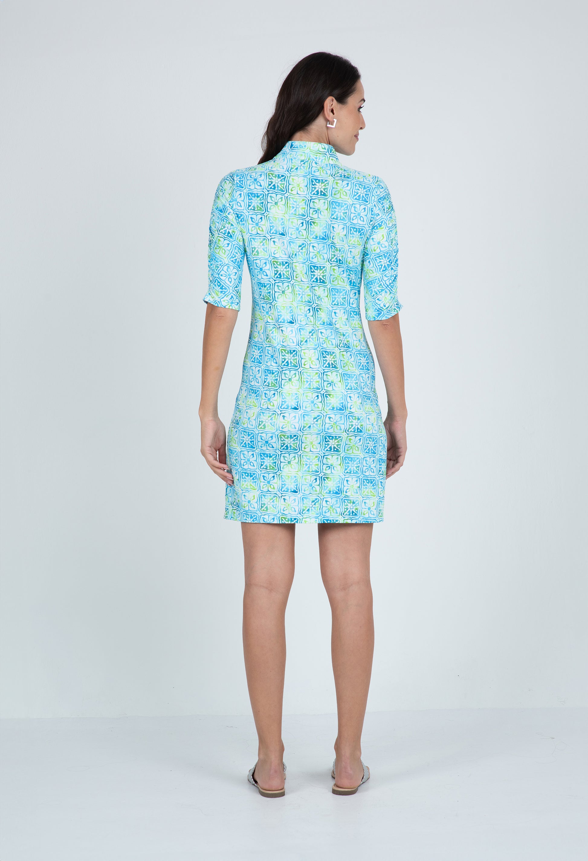 IBKÜL - Kathy Print Ruched Elbow Length Sleeve Dress – 40871 - Color: Turquoise/Lime