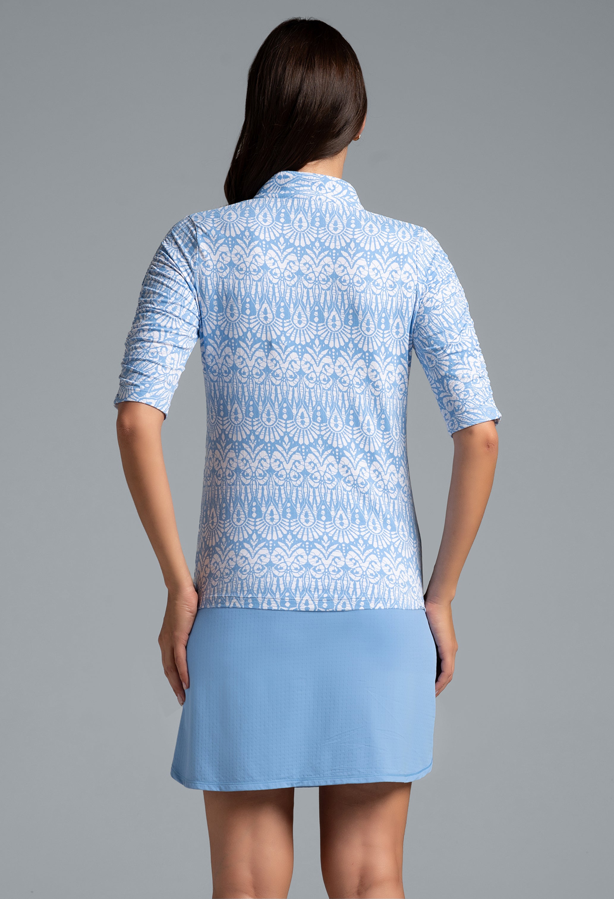 IBKÜL - Barbara Print Ruched Elbow Length Sleeve Top – 41086 - Color: Peri/White