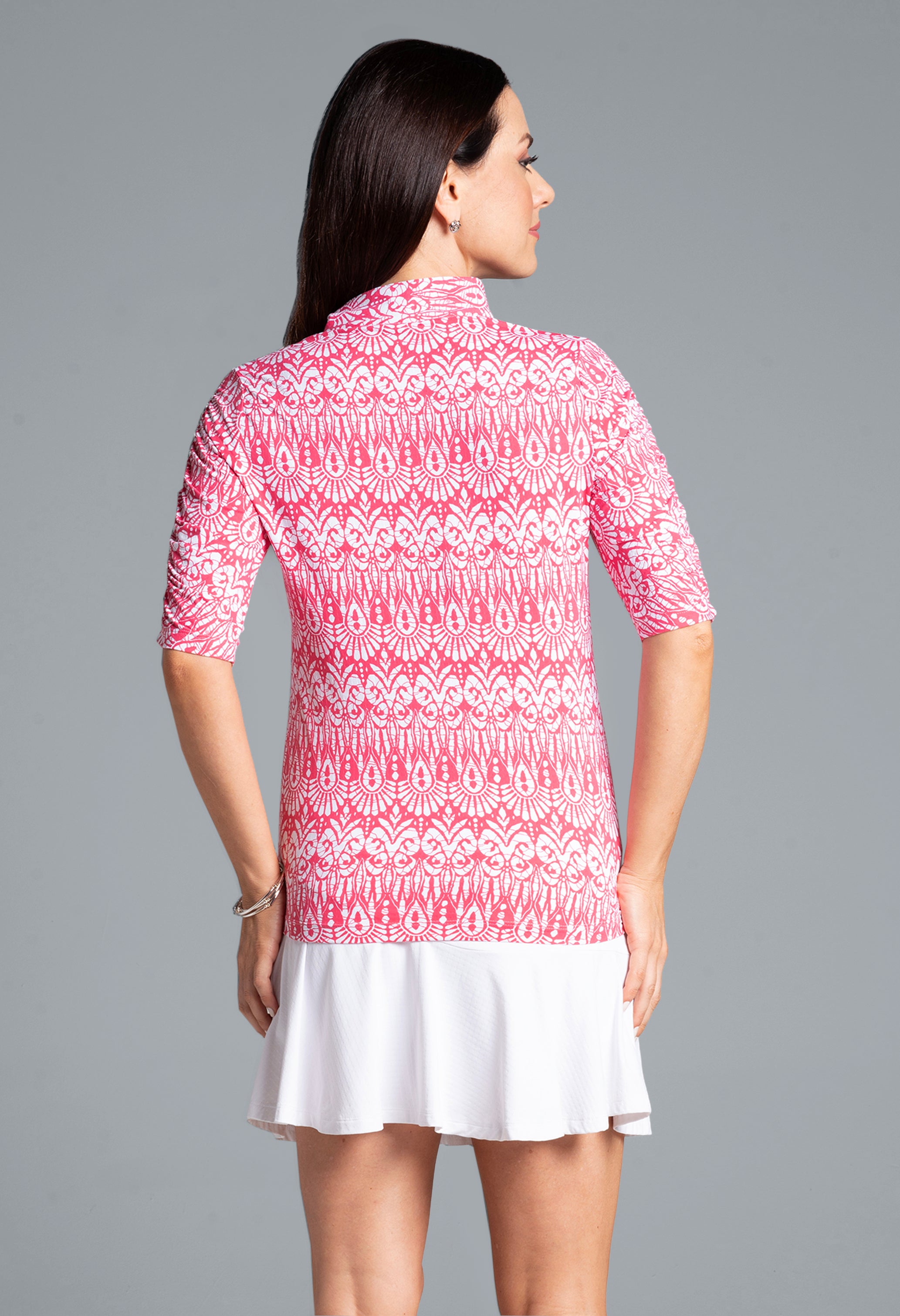 IBKÜL - Barbara Print Ruched Elbow Length Sleeve Top – 41086 - Color: Watermelon/White