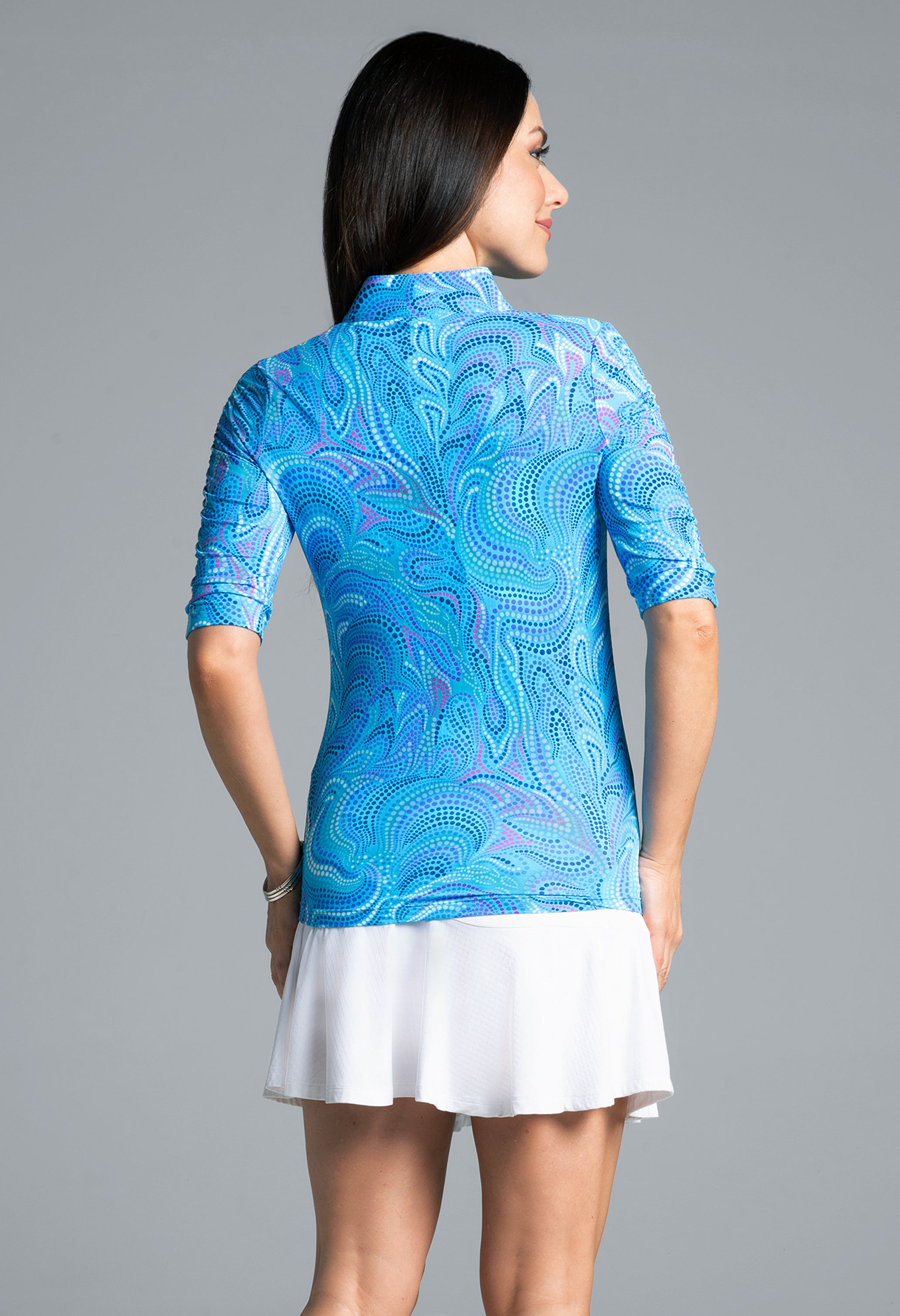 IBKÜL - Rebecca Print Ruched Elbow Length Sleeve Top – 41087 - Color: Turquoise Multi