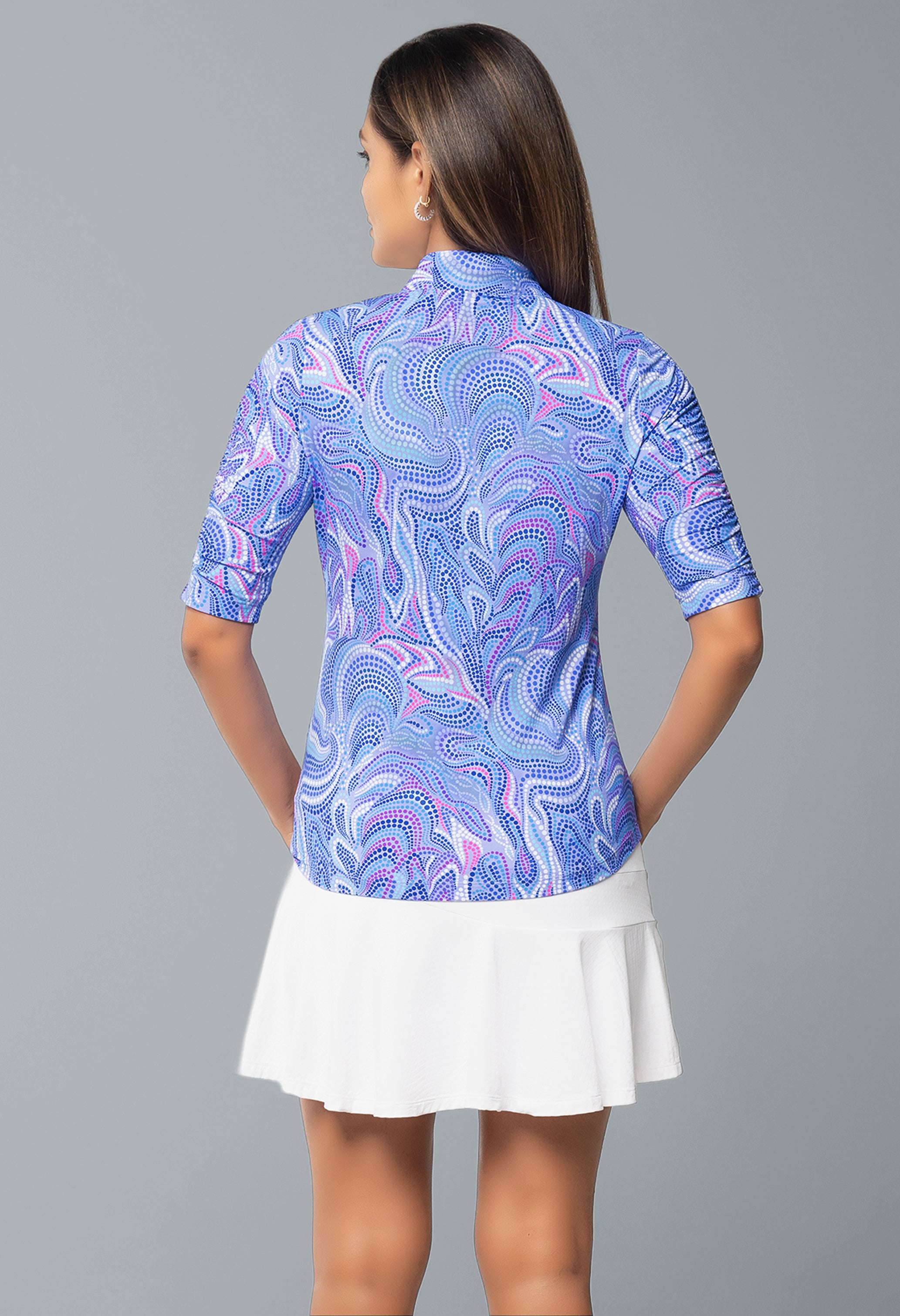 IBKÜL - Rebecca Print Ruched Elbow Length Sleeve Top – 41087 - Color: Lavender Multi