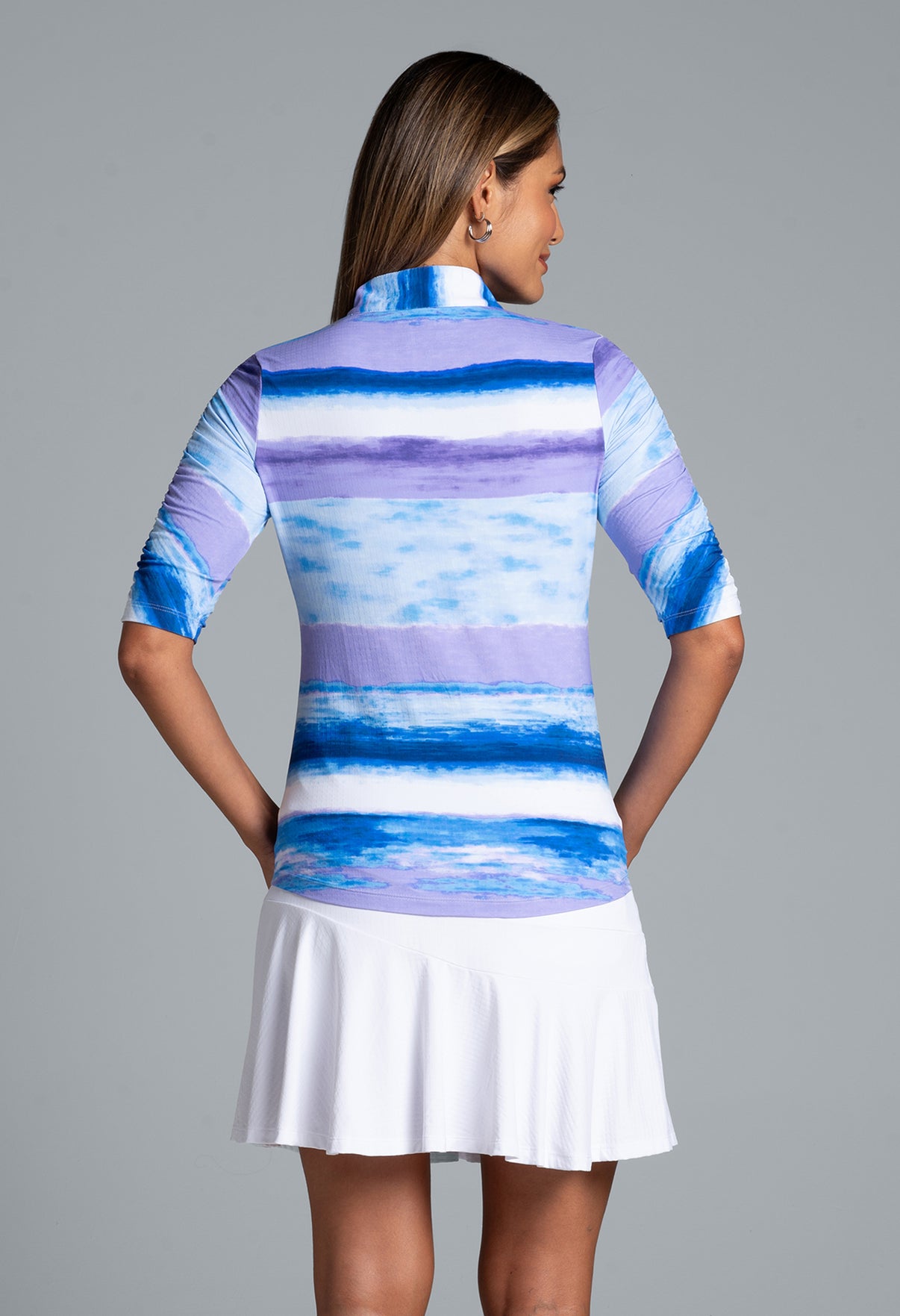 IBKÜL - Amy Print Ruched Elbow Length Sleeve Top – 41088 - Color: Peri/Lavender