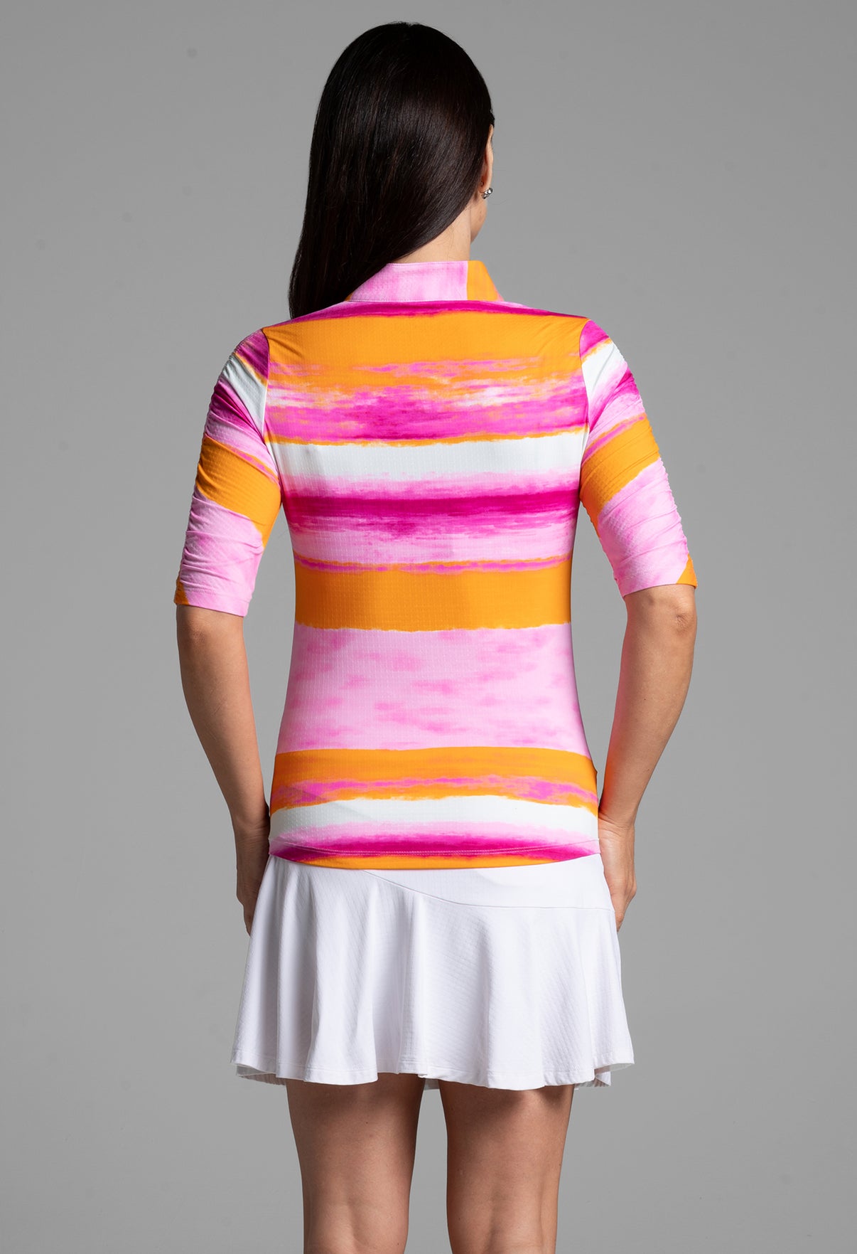 IBKÜL - Amy Print Ruched Elbow Length Sleeve Top – 41088 - Color: Hot Pink/Orange Peel