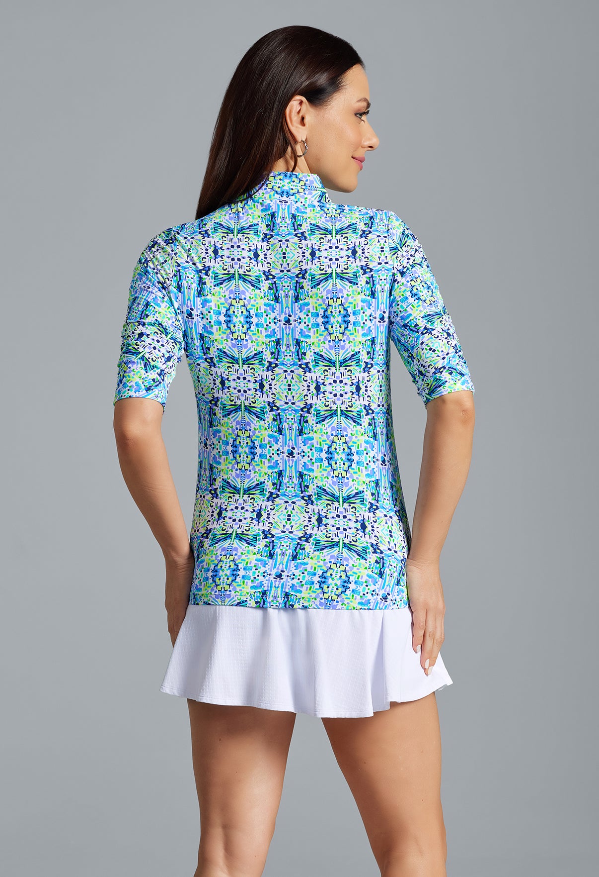 IBKÜL - Ridley Print Ruched Elbow Length Sleeve Top – 41089 - Color: Navy Multi