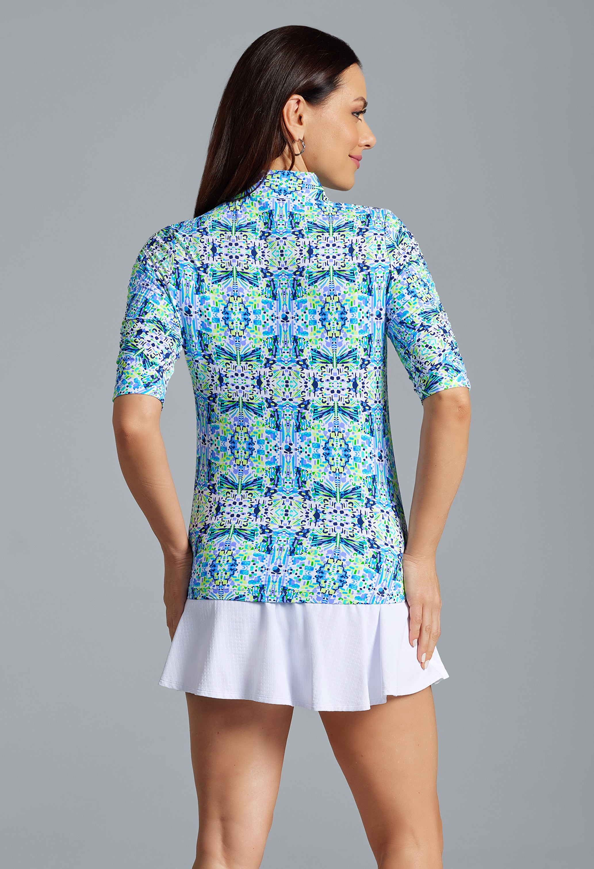 IBKÜL - Ridley Print Ruched Elbow Length Sleeve Top – 41089 - Color: Navy Multi