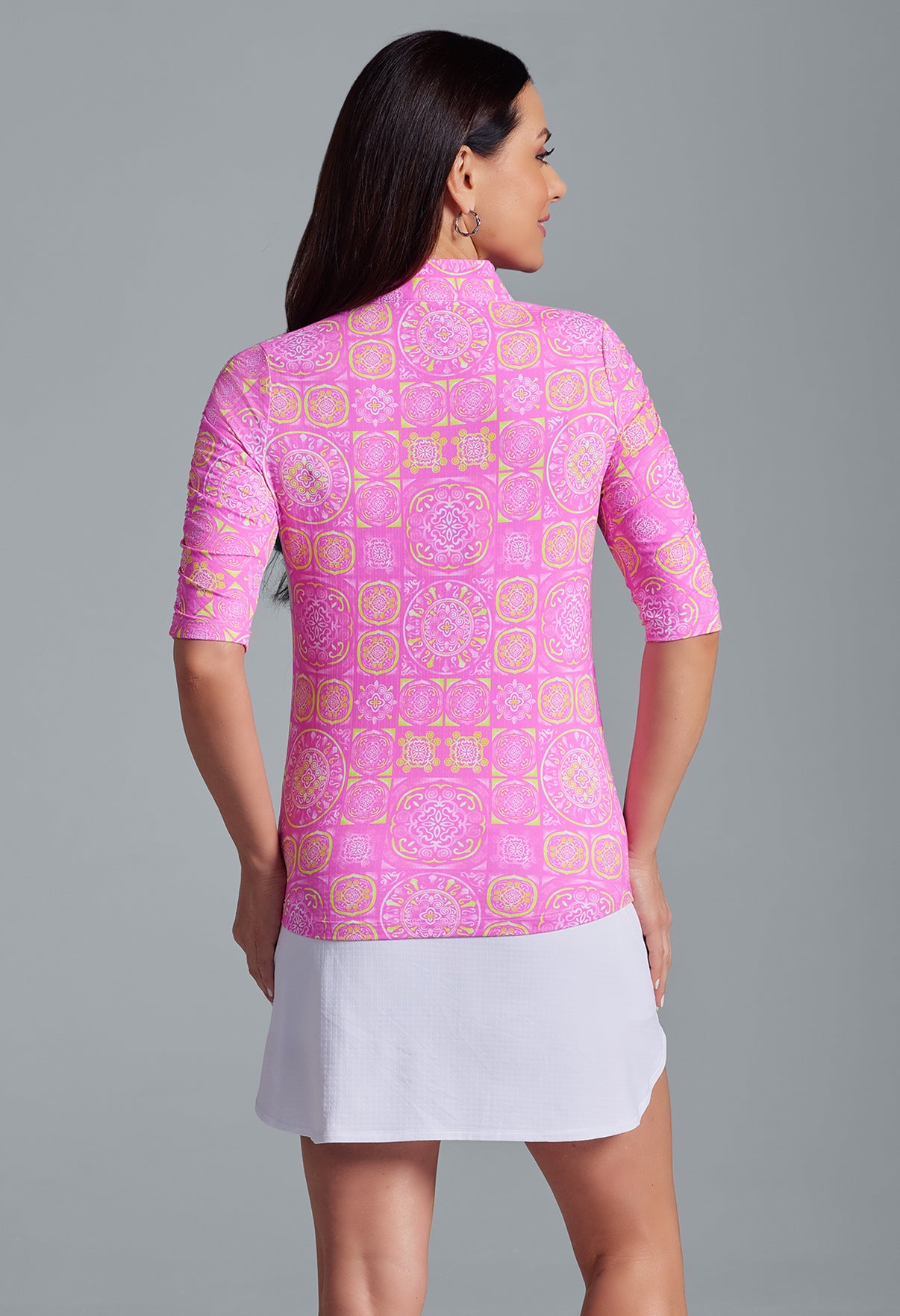 IBKÜL - Colette Print Ruched Elbow Length Sleeve Top – 41090 - Color: Hot Pink/Yellow
