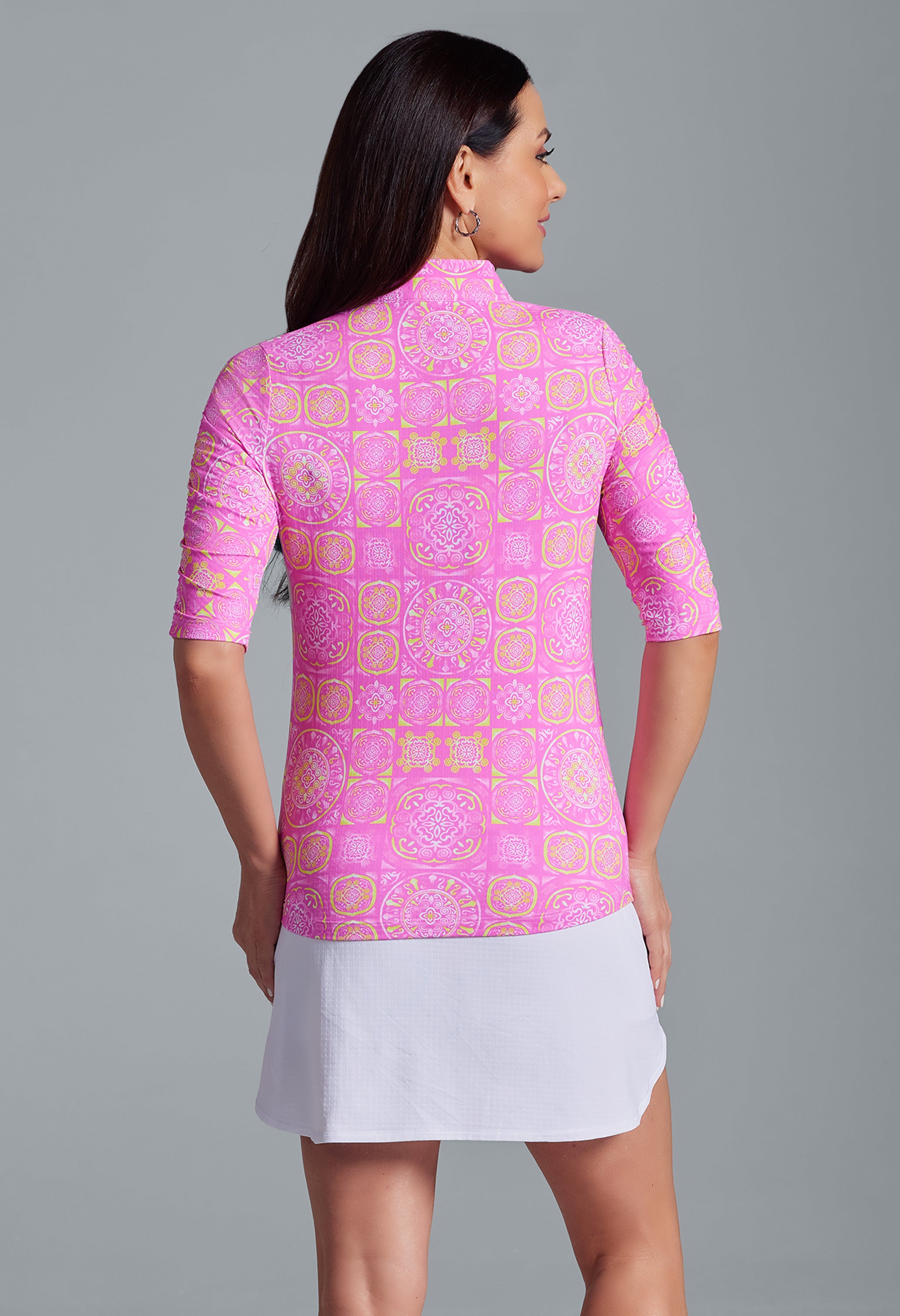 IBKÜL - Colette Print Ruched Elbow Length Sleeve Top – 41090 - Color: Hot Pink/Yellow