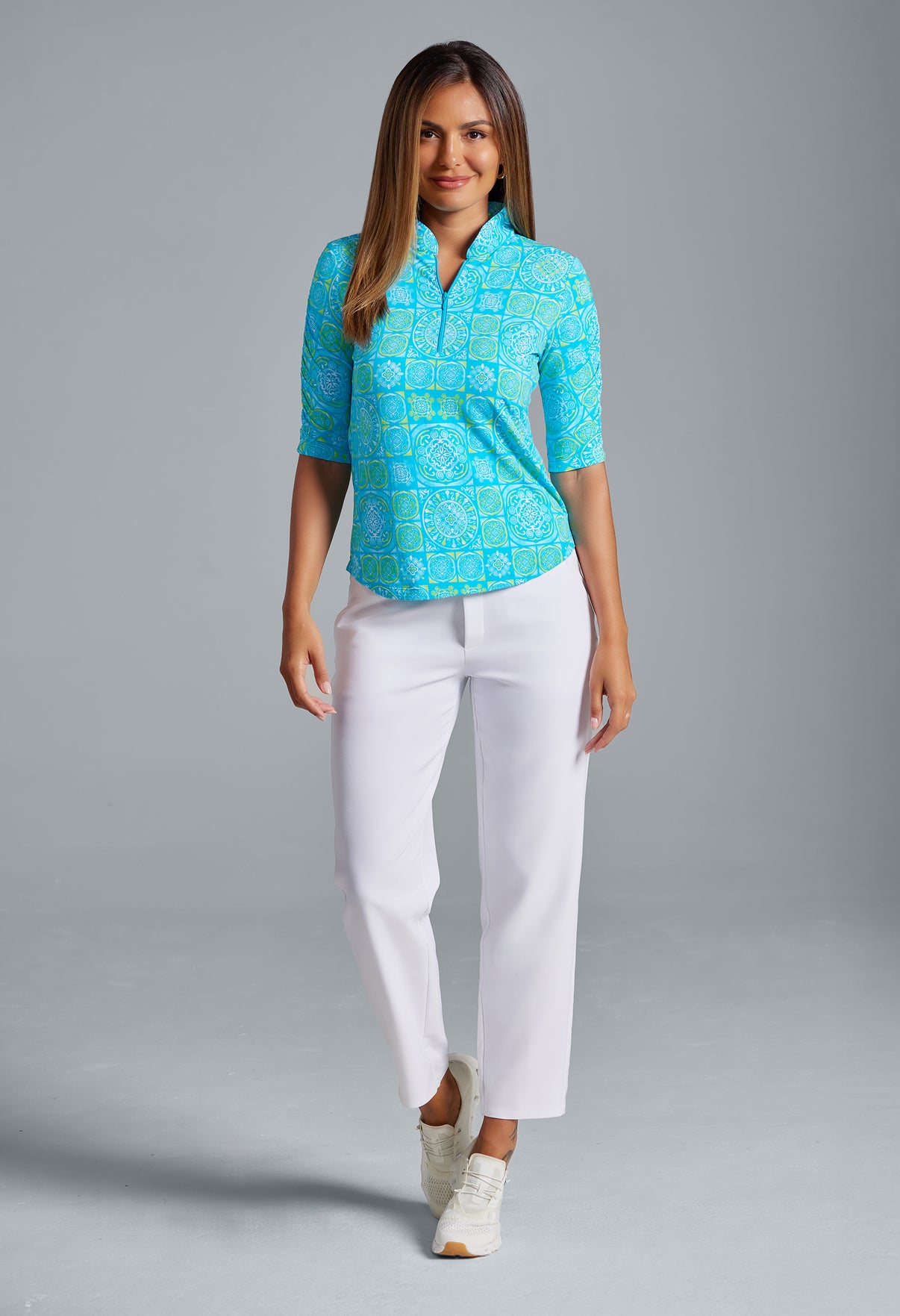 IBKÜL - Colette Print Ruched Elbow Length Sleeve Top – 41090 - Color: Turquoise/Lime