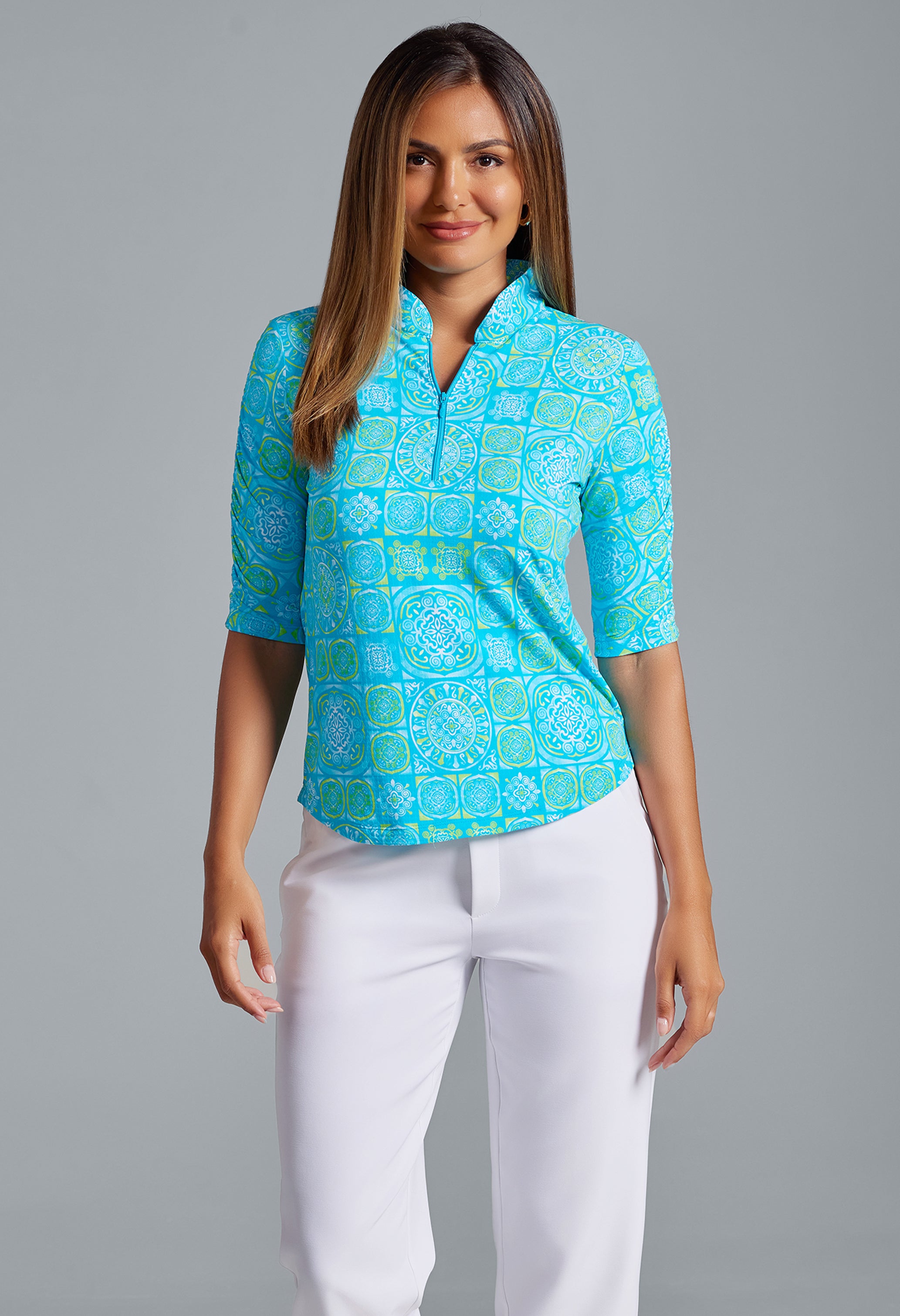 IBKÜL - Colette Print Ruched Elbow Length Sleeve Top – 41090 - Color: Turquoise/Lime