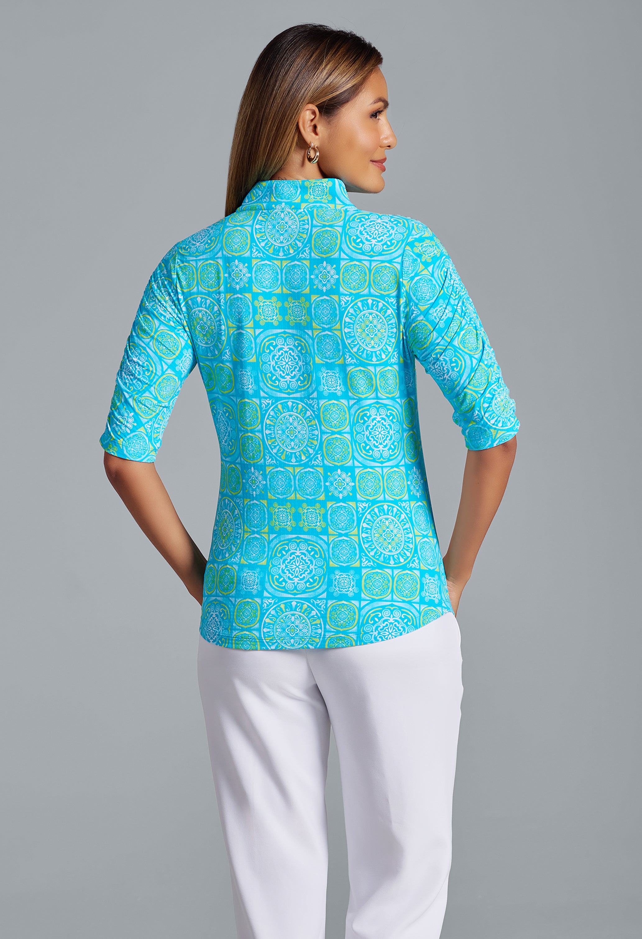 IBKÜL - Colette Print Ruched Elbow Length Sleeve Top – 41090 - Color: Turquoise/Lime