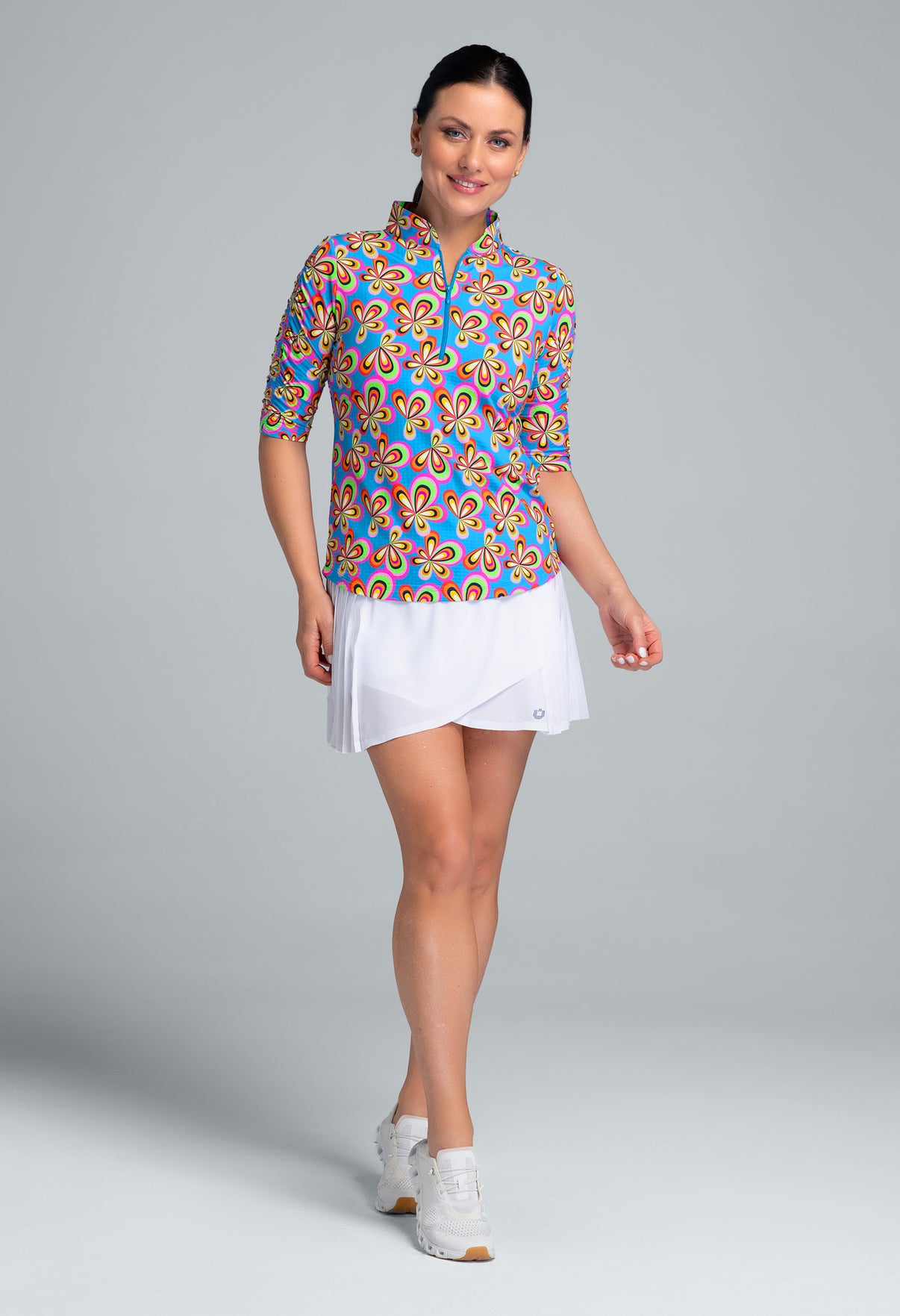 IBKÜL - Arya Print Ruched Elbow Sleeve Mandarin Collar Top - Color: Turquoise Multi