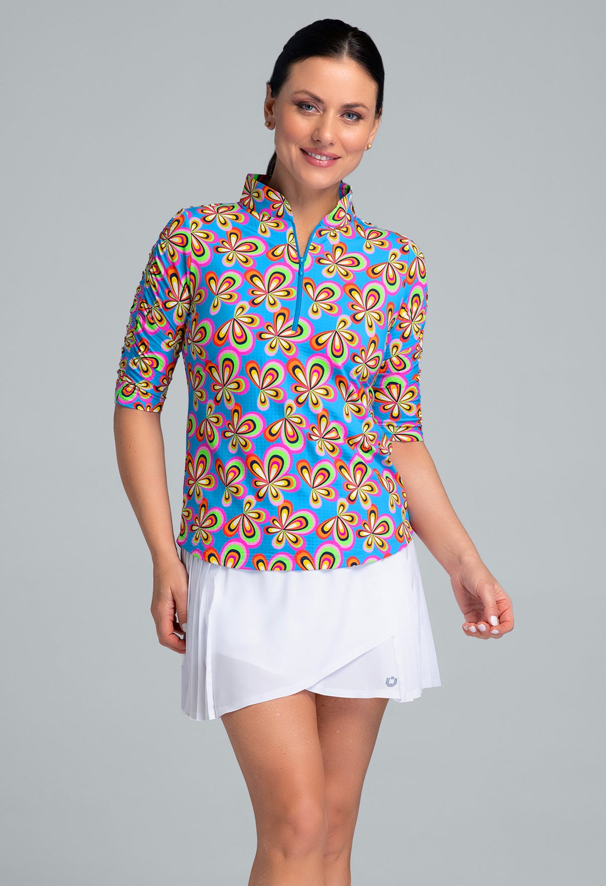 IBKÜL - Arya Print Ruched Elbow Sleeve Mandarin Collar Top - Color: Turquoise Multi