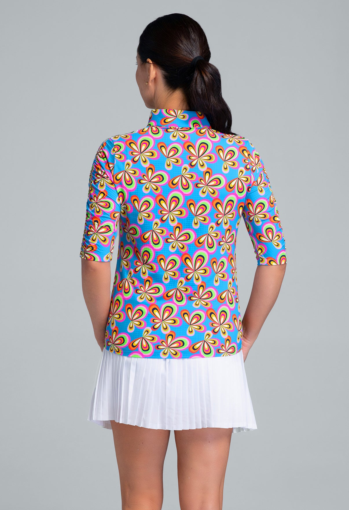 IBKÜL - Arya Print Ruched Elbow Sleeve Mandarin Collar Top - Color: Turquoise Multi
