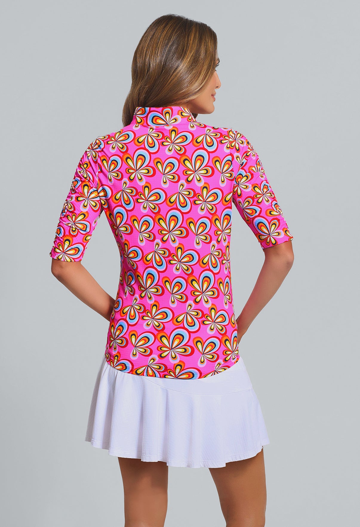 IBKÜL - Arya Print Ruched Elbow Sleeve Mandarin Collar Top - Color: Hot Pink Multi