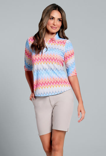 Susan Print Ruched Elbow Sleeve Mandarin Collar Top