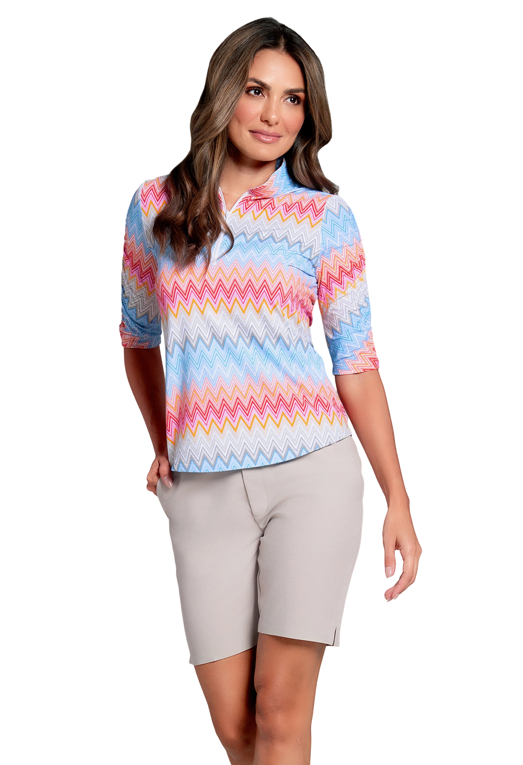 IBKÜL - Susan Print Ruched Elbow Sleeve Mandarin Collar Top - Color: Candy Pink Multi