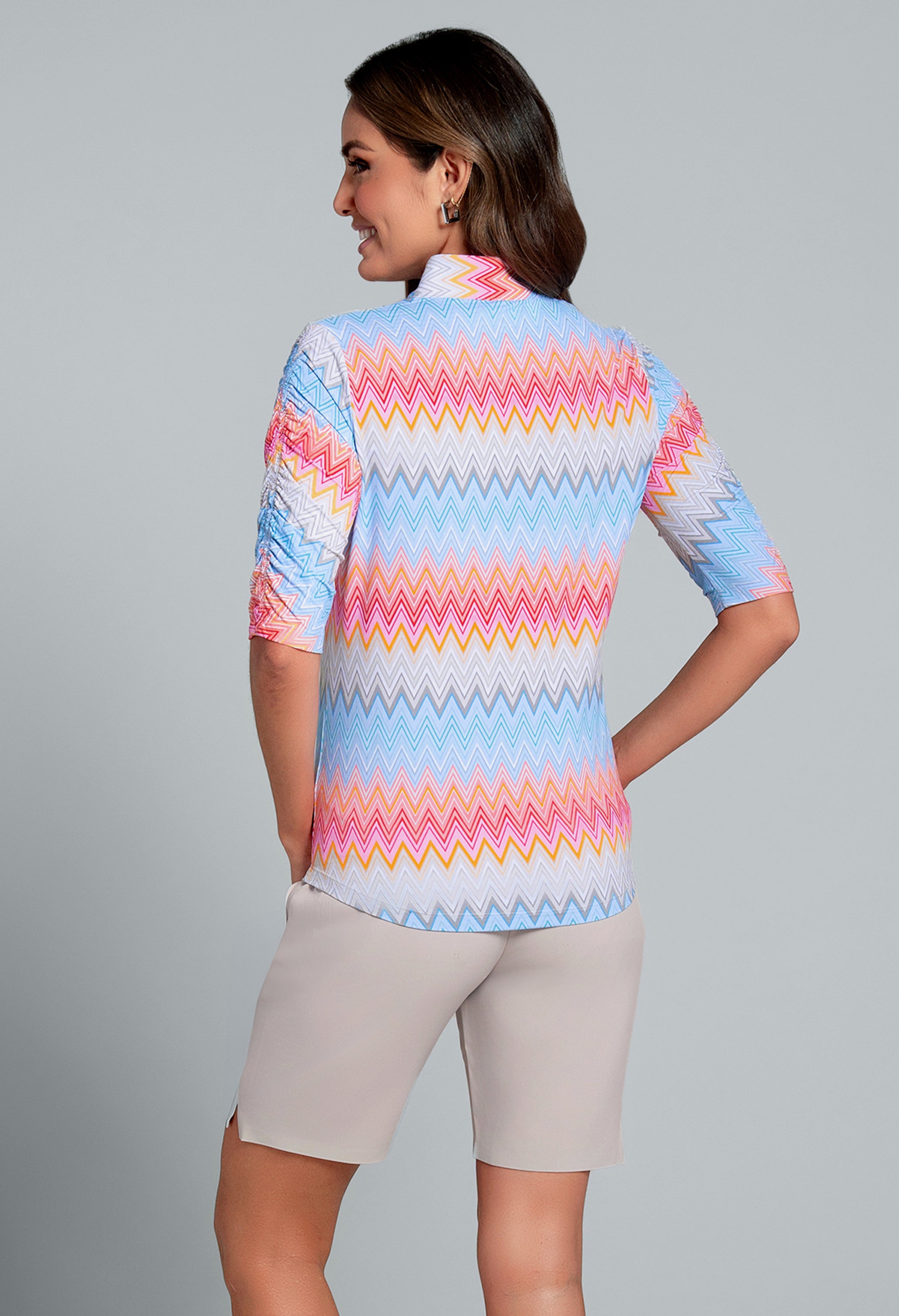 IBKÜL - Susan Print Ruched Elbow Sleeve Mandarin Collar Top - Color: Candy Pink Multi
