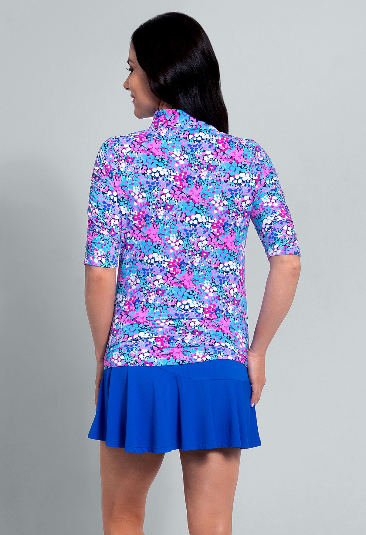 IBKÜL - Allana Print Ruched Elbow Sleeve Mandarin Collar Top - Color: Candy Pink Multi