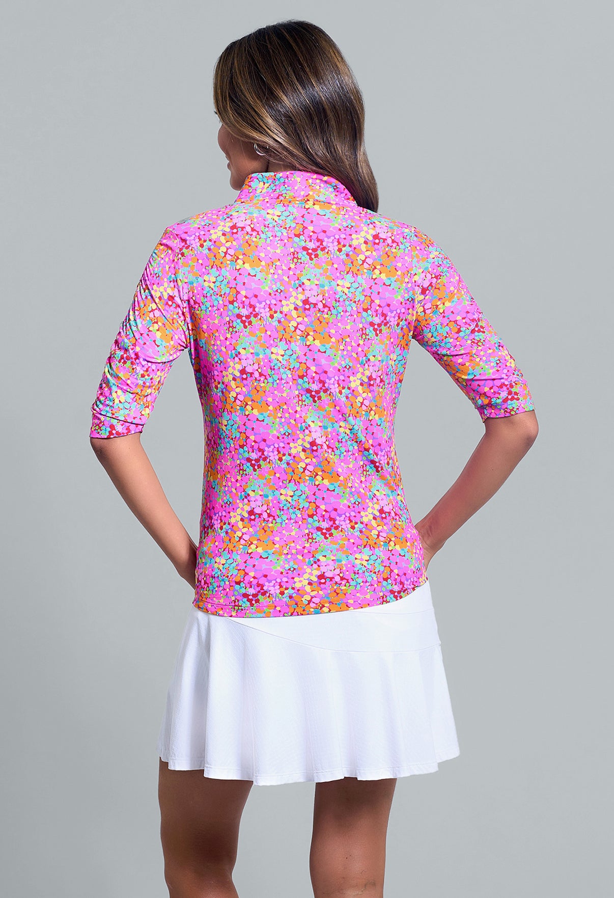 IBKÜL - Allana Print Ruched Elbow Sleeve Mandarin Collar Top - Color: Hot Pink Multi