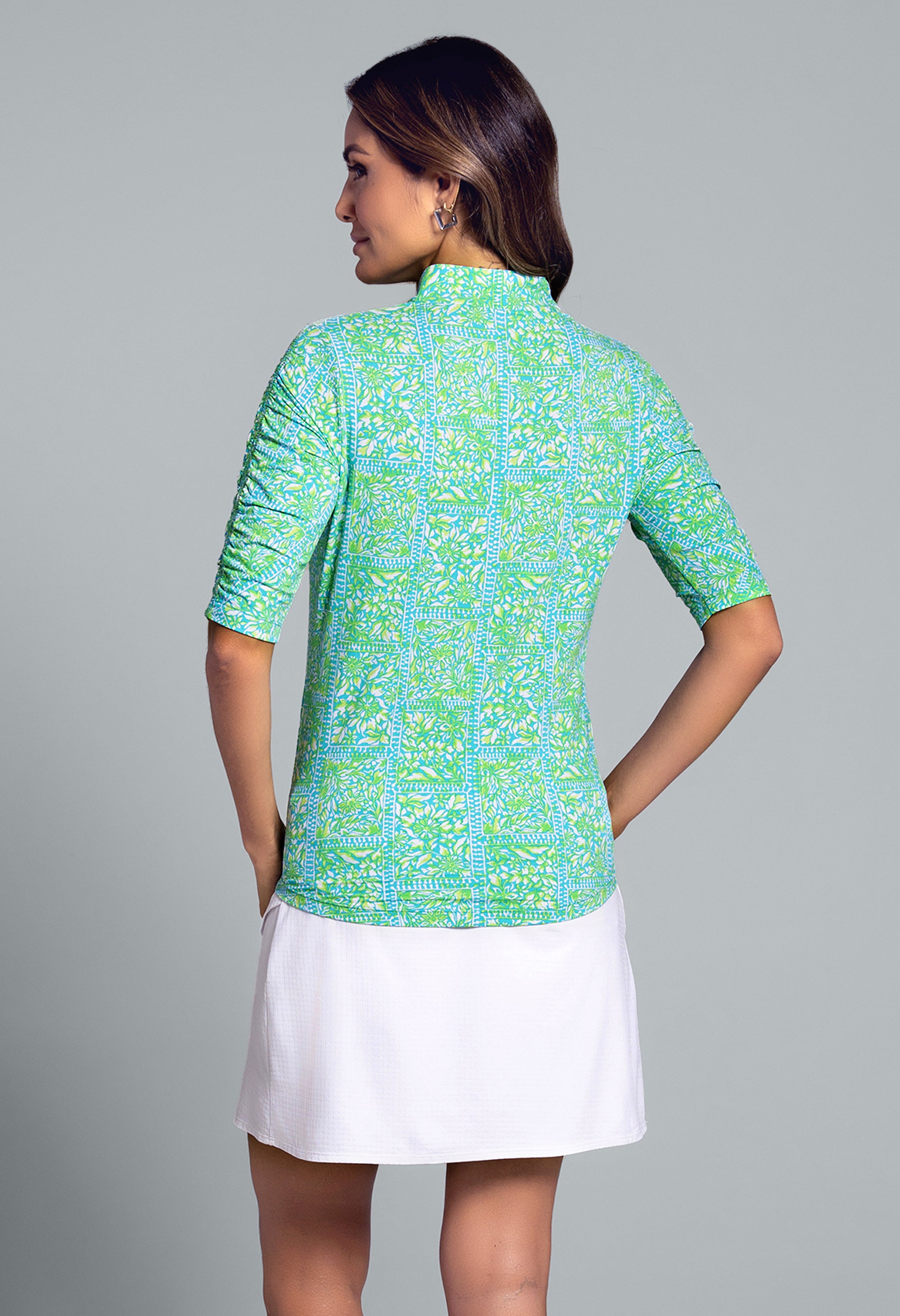 IBKÜL - Josie Print Ruched Elbow Sleeve Mandarin Collar Top - Color: Turquoise/Lime