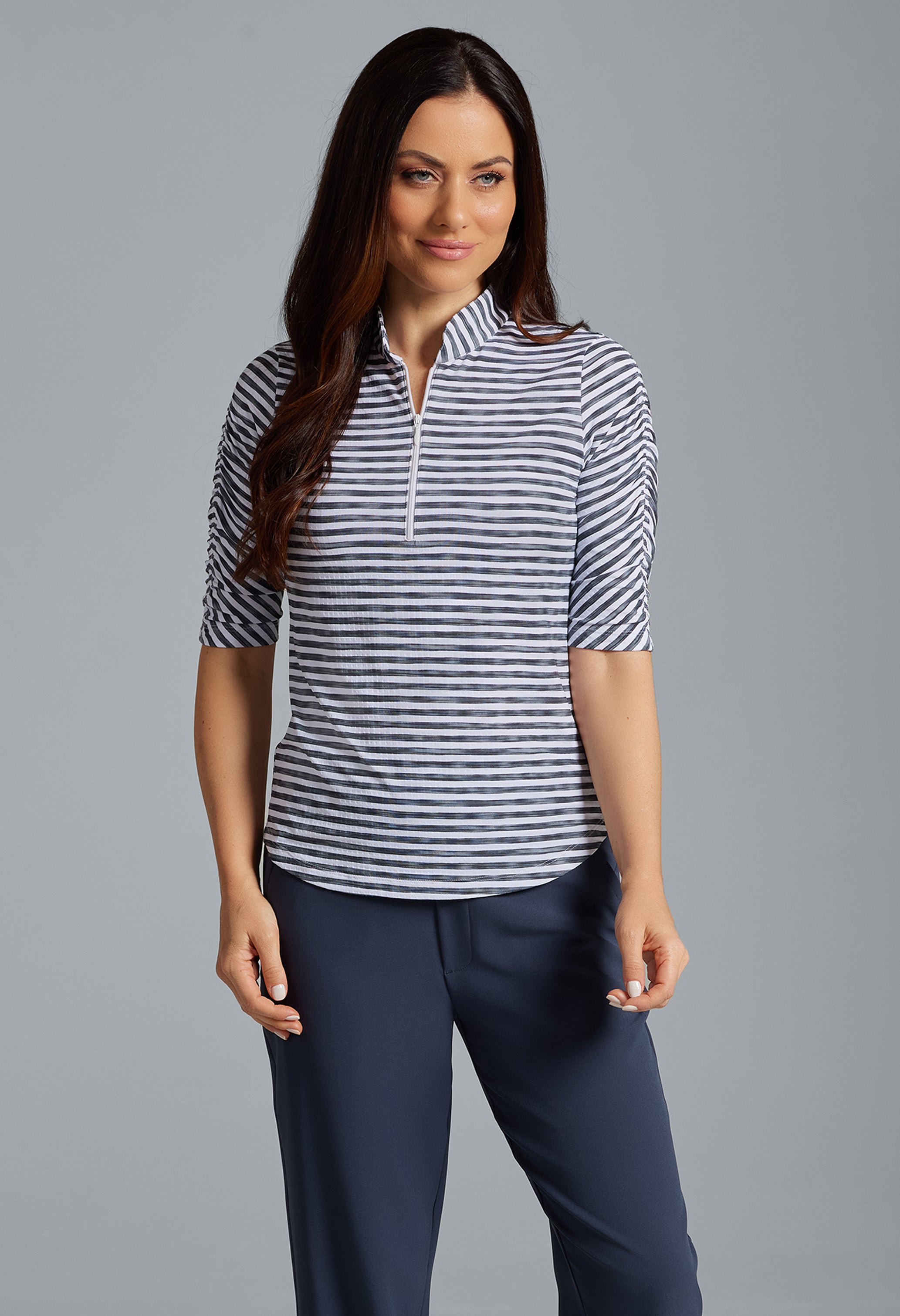 Landon Stripe II Print Ruched Elbow Sleeve Top