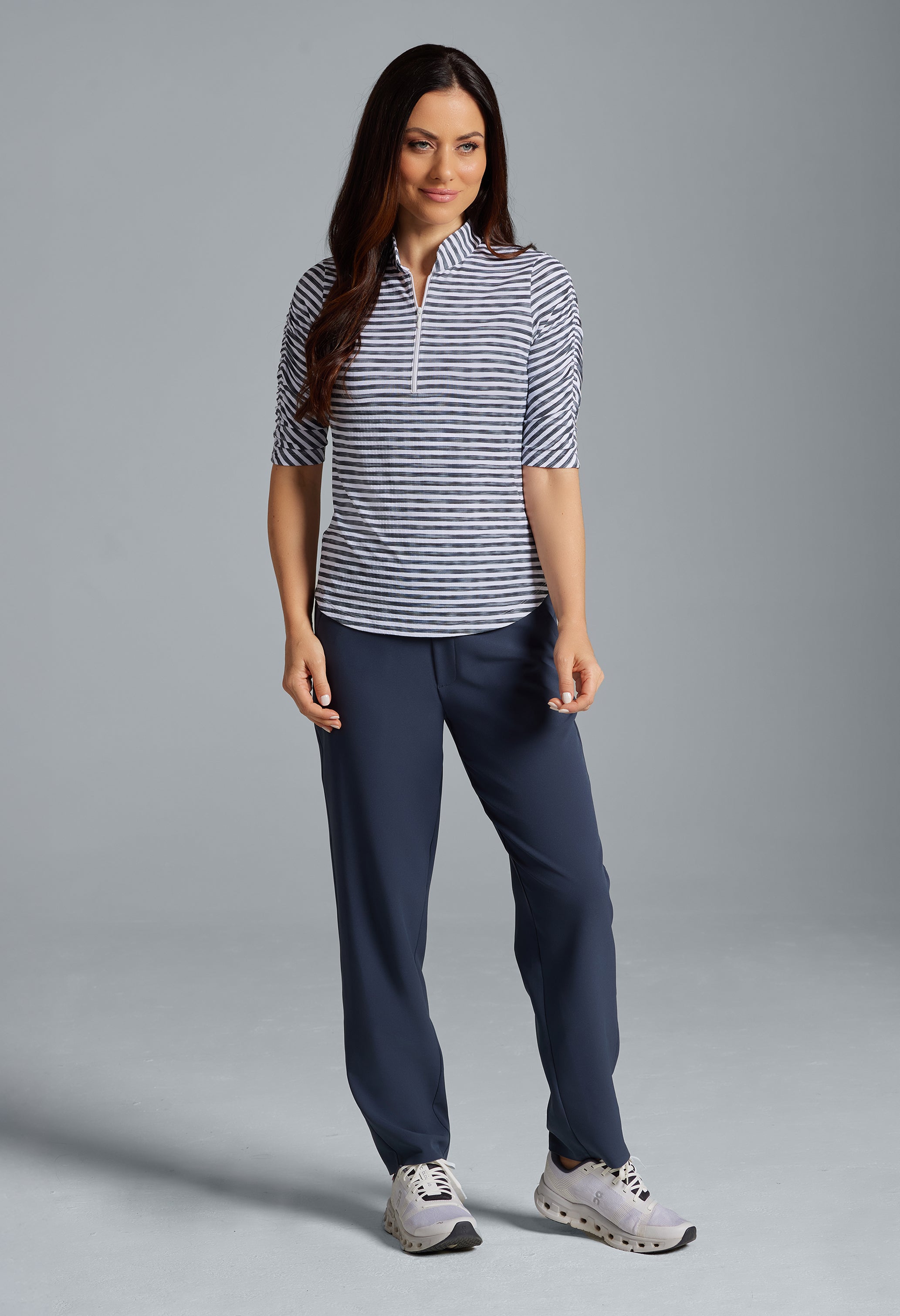 IBKÜL - Landon Stripe II Print Ruched Elbow Sleeve Top - 41164 - Color: Black/White