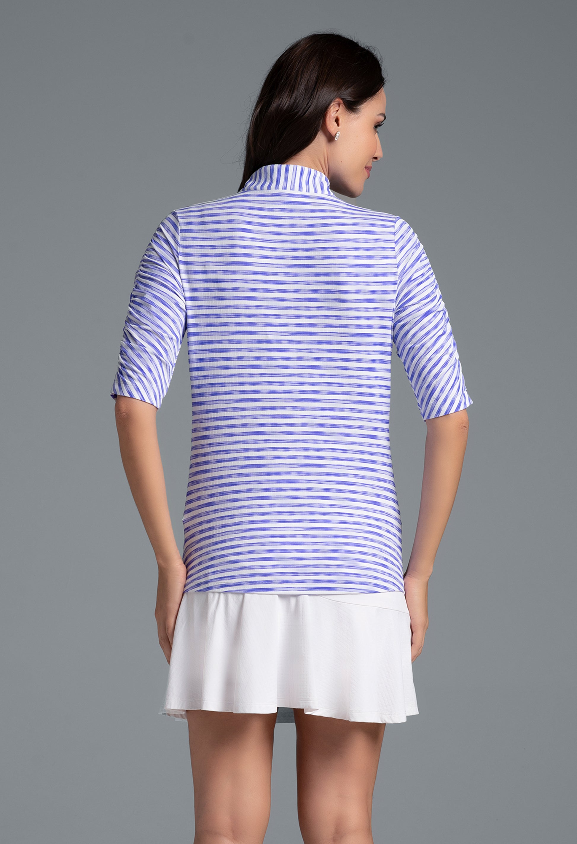 IBKÜL - Landon Stripe II Print Ruched Elbow Sleeve Top - 41164 - Color: Lavender/White