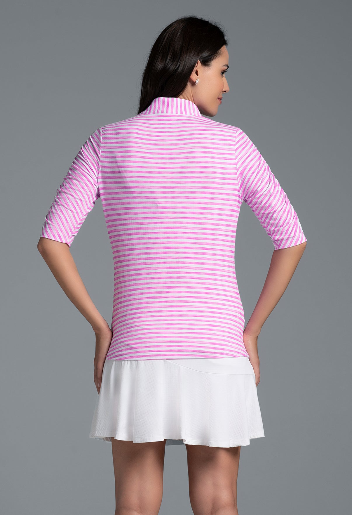 IBKÜL - Landon Stripe II Print Ruched Elbow Sleeve Top - 41164 - Color: Lt. Pink/White