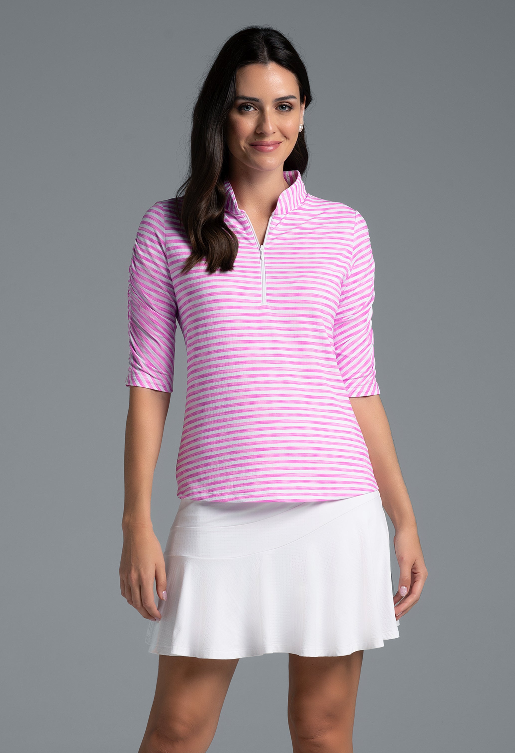 Landon Stripe II Print Ruched Elbow Sleeve Top