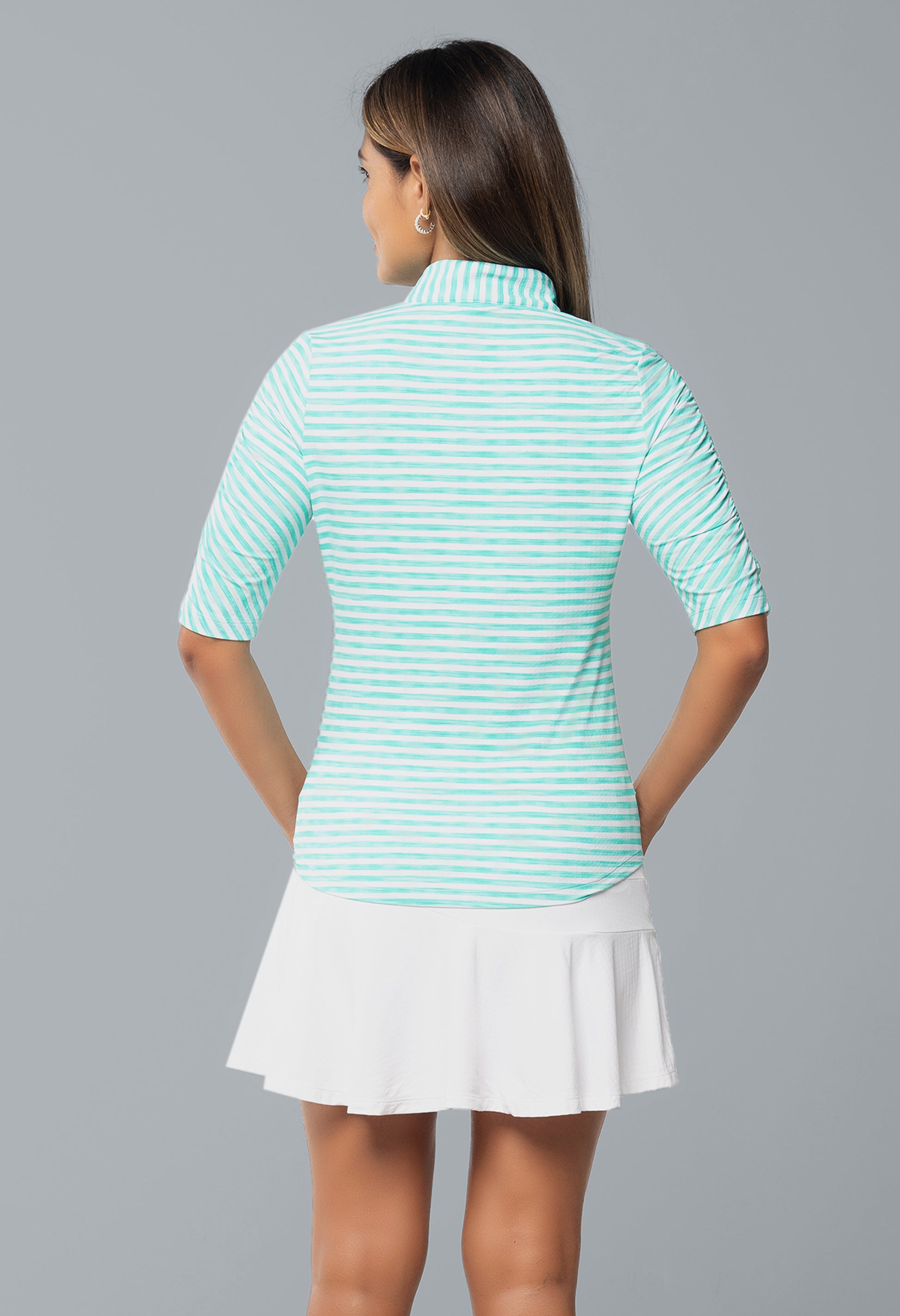 IBKÜL - Landon Stripe II Print Ruched Elbow Sleeve Top - 41164 - Color: Mint/White