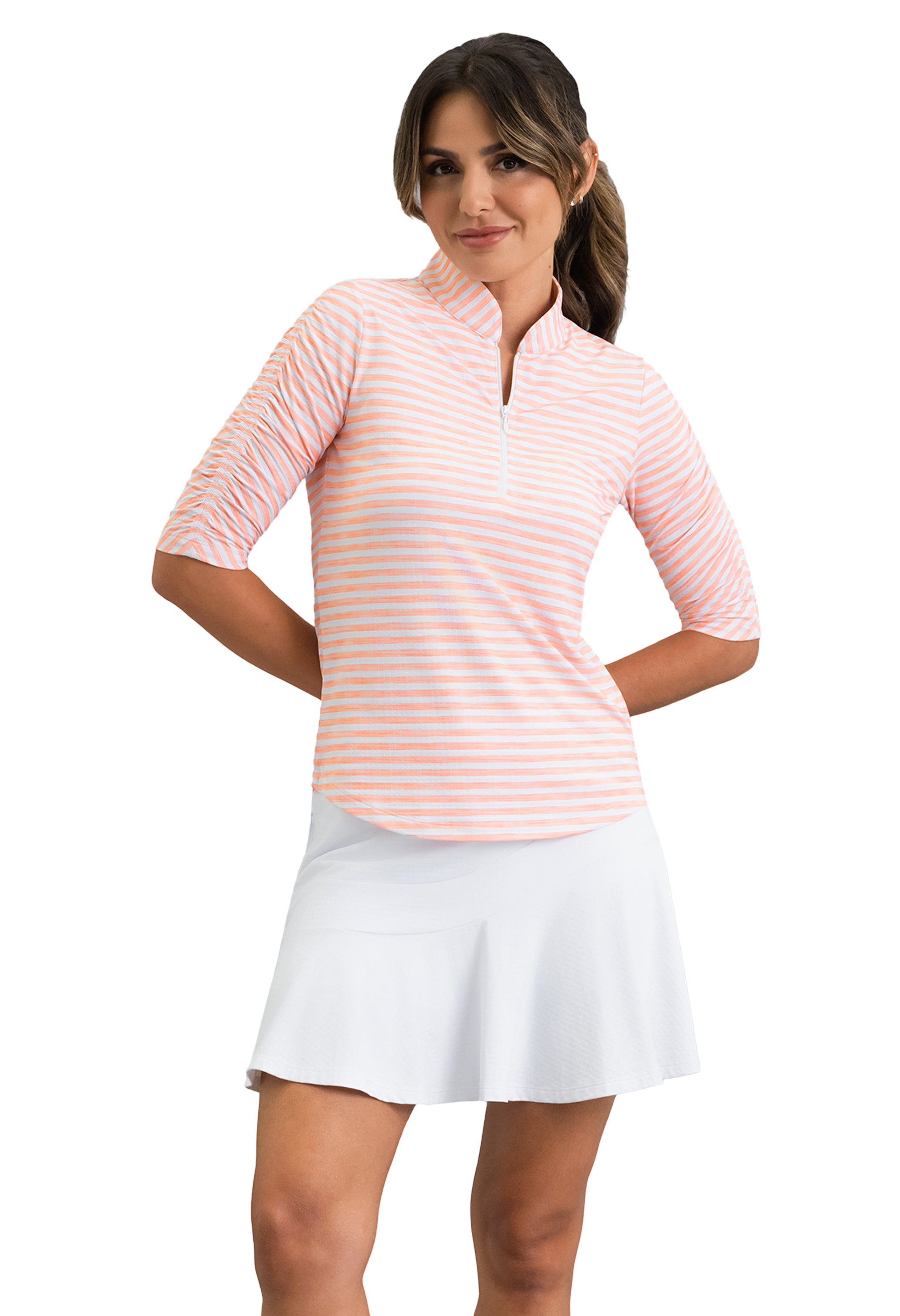 Landon Stripe II Print Ruched Elbow Sleeve Top