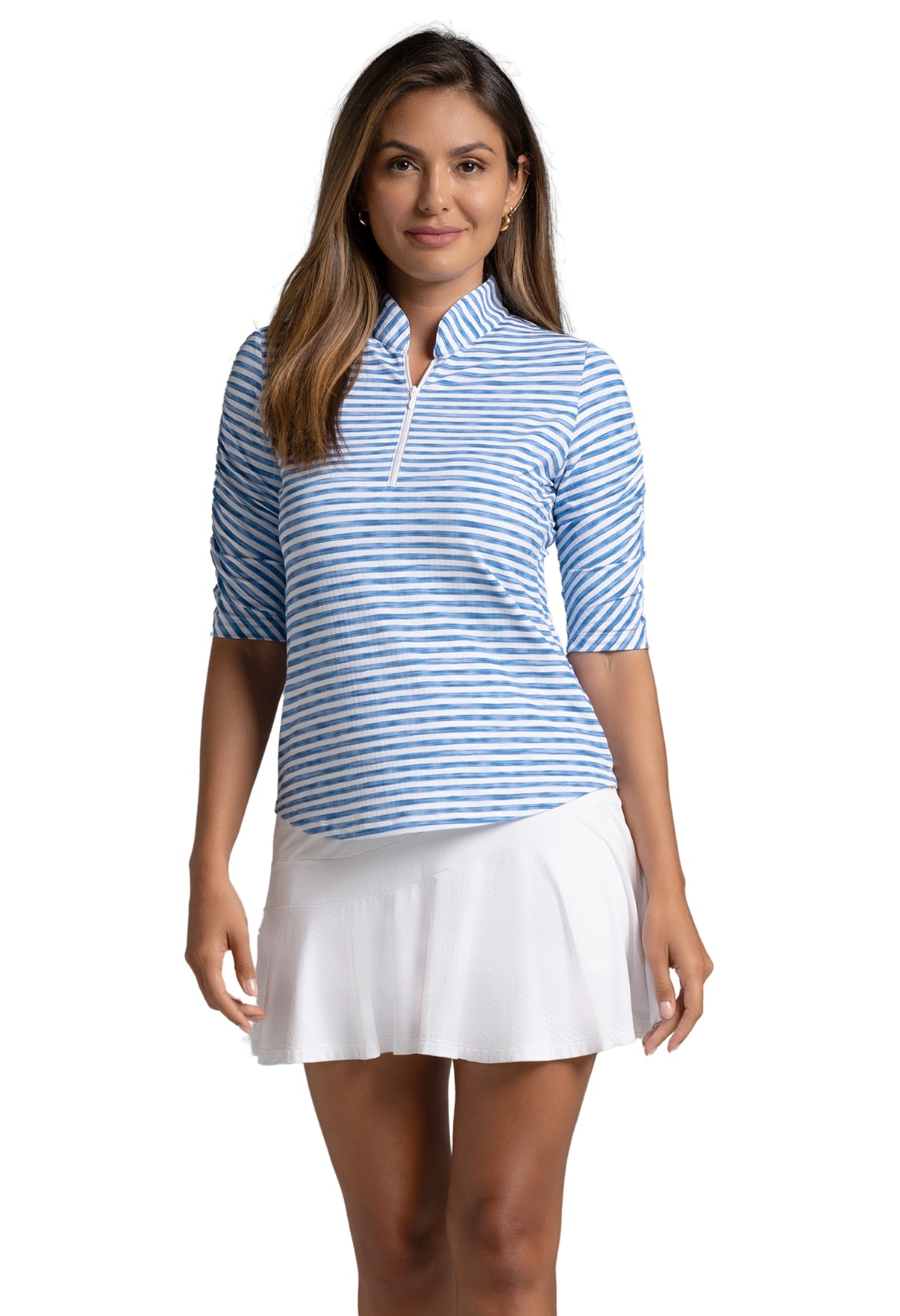 IBKÜL - Landon Stripe II Print Ruched Elbow Sleeve Top - 41164 - Color: Ink/White