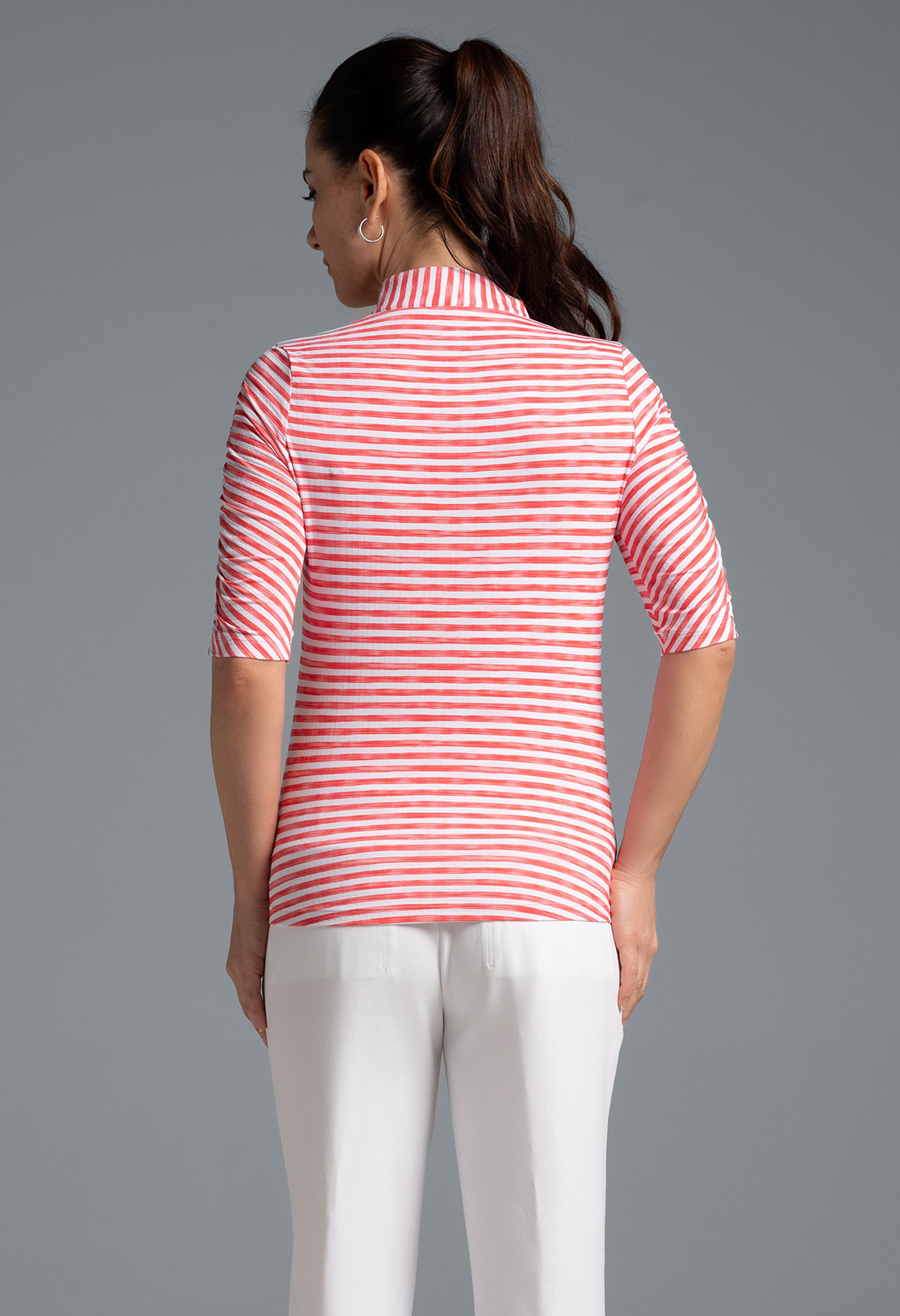 IBKÜL - Landon Stripe II Print Ruched Elbow Sleeve Top - 41164 - Color: Red/White