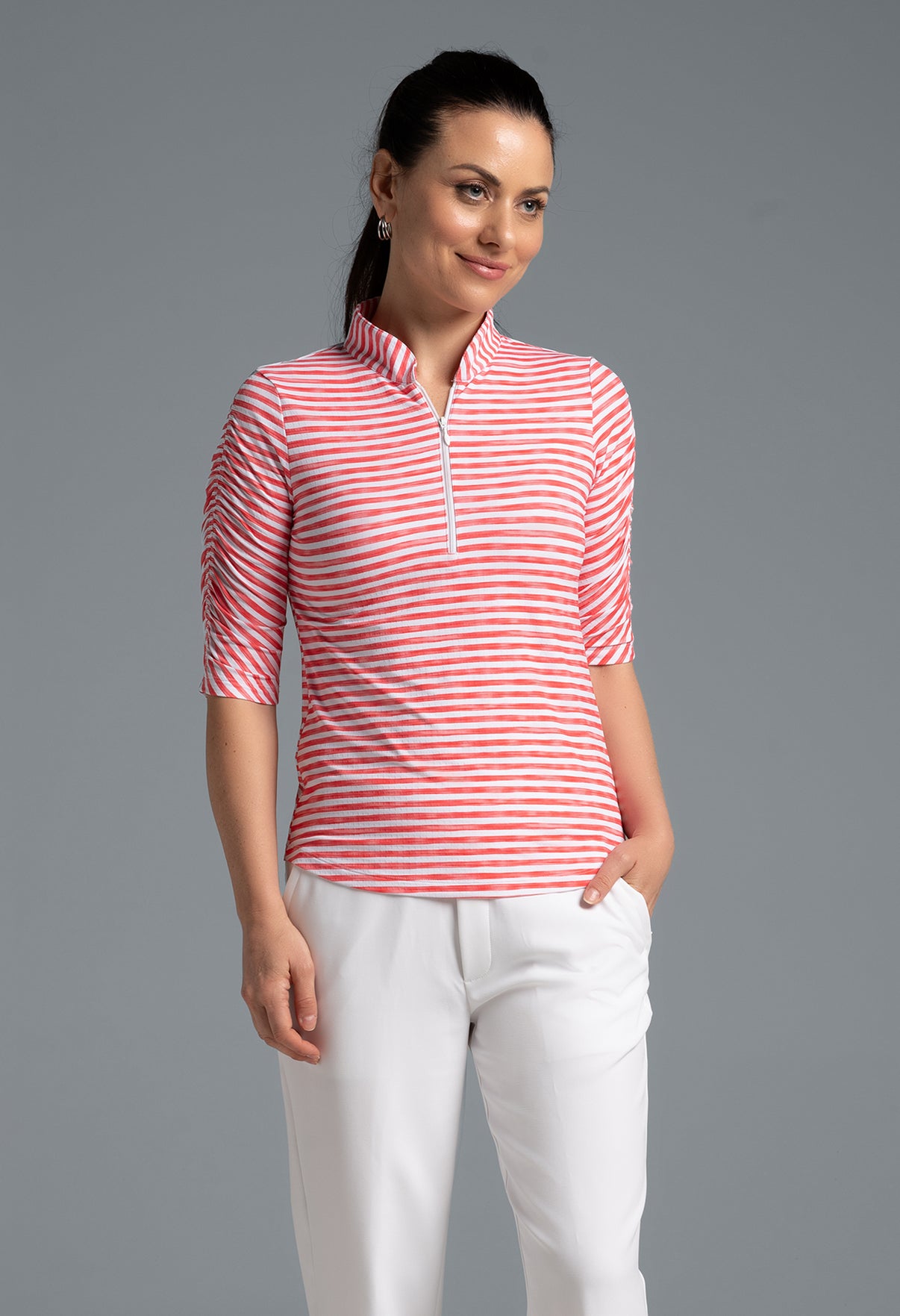 IBKÜL - Landon Stripe II Print Ruched Elbow Sleeve Top - 41164 - Color: Red/White