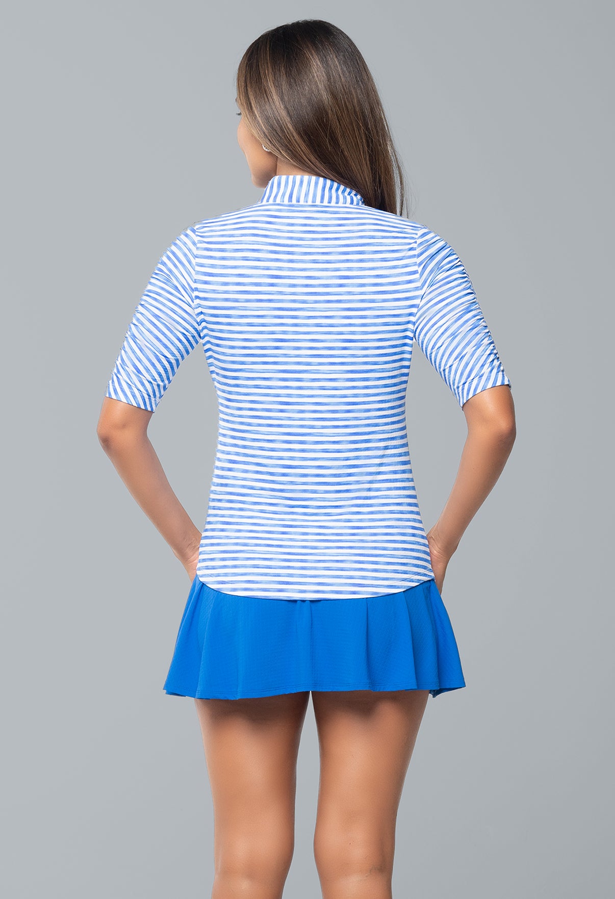 IBKÜL - Landon Stripe II Print Ruched Elbow Sleeve Top - 41164 - Color: Royal/White