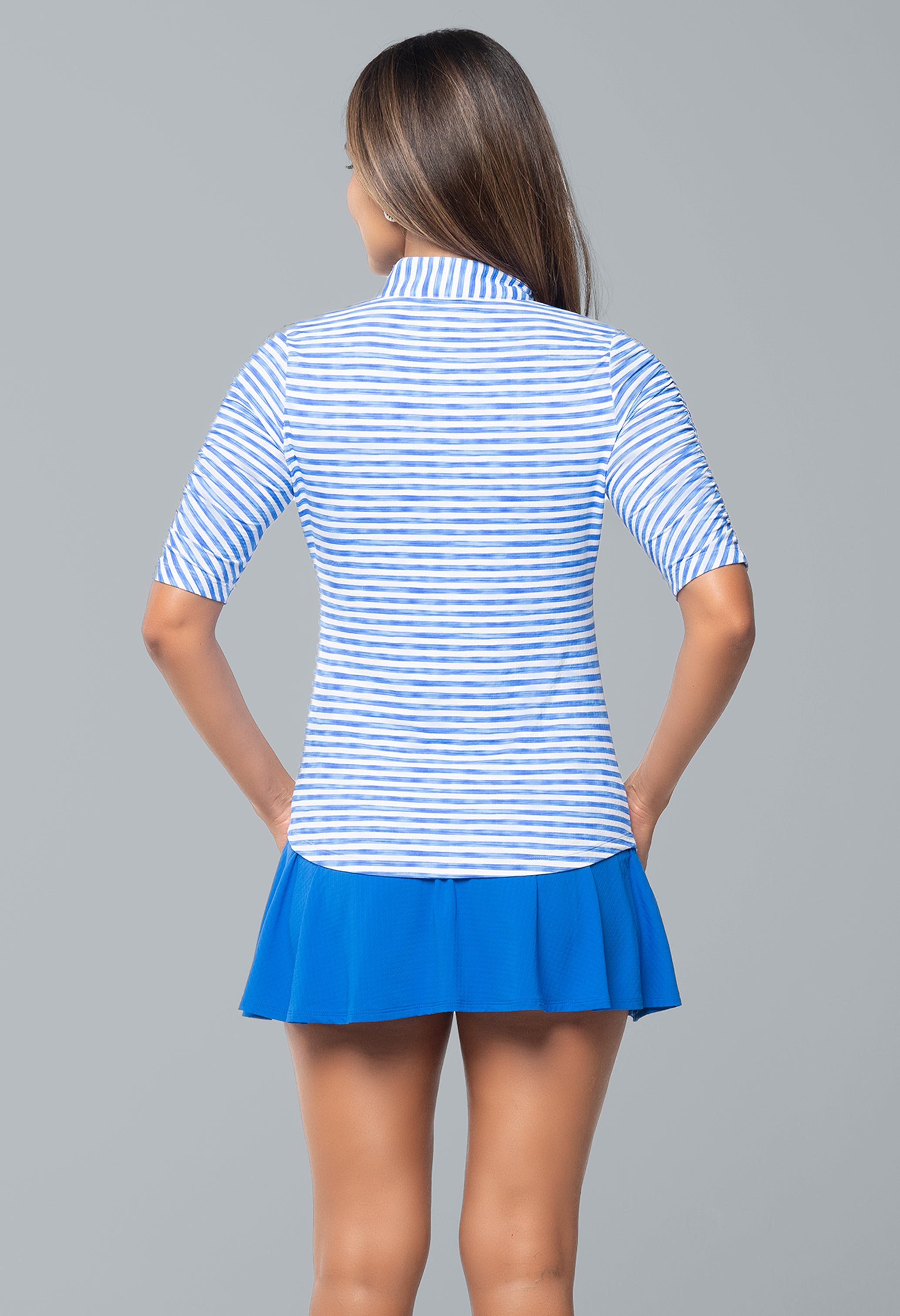 IBKÜL - Landon Stripe II Print Ruched Elbow Sleeve Top - 41164 - Color: Royal/White