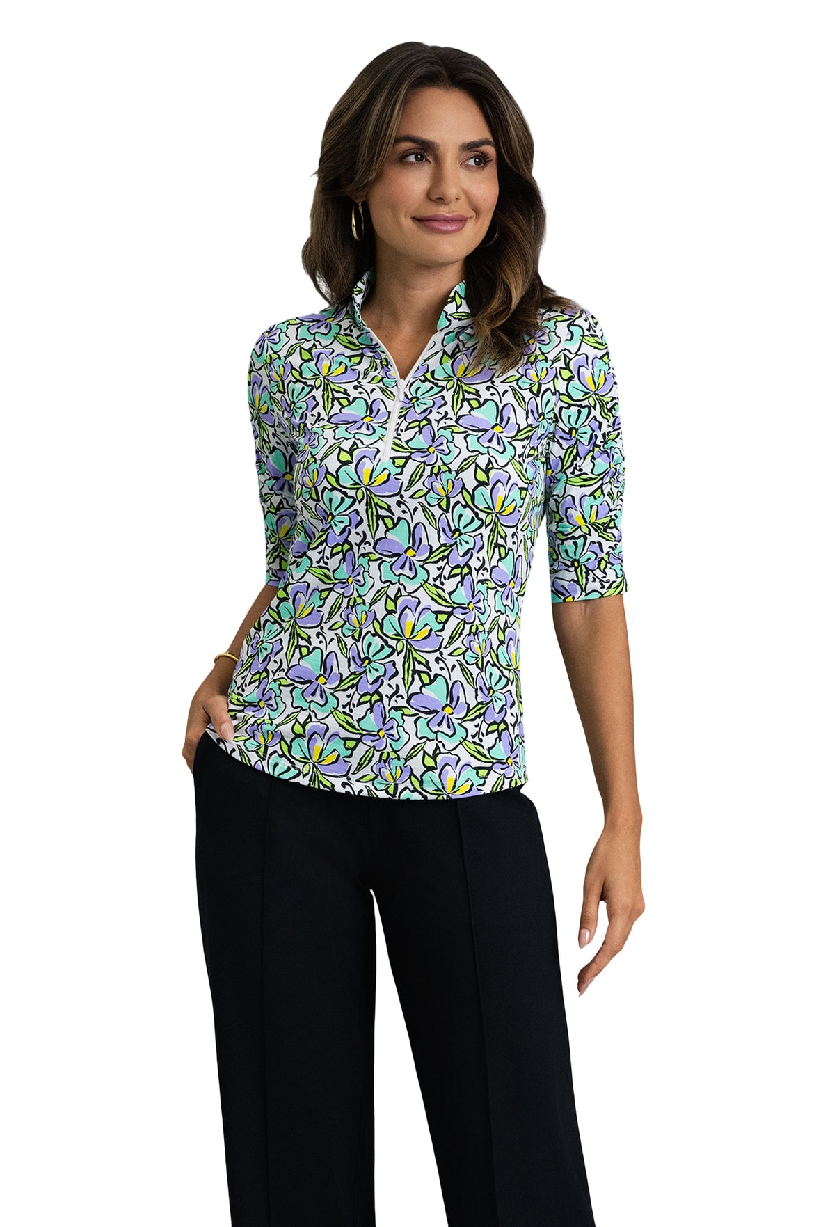 IBKÜL - Sonia Ruched Elbow Sleeve Mandarin Collar Top - Color: Jade/Lavender