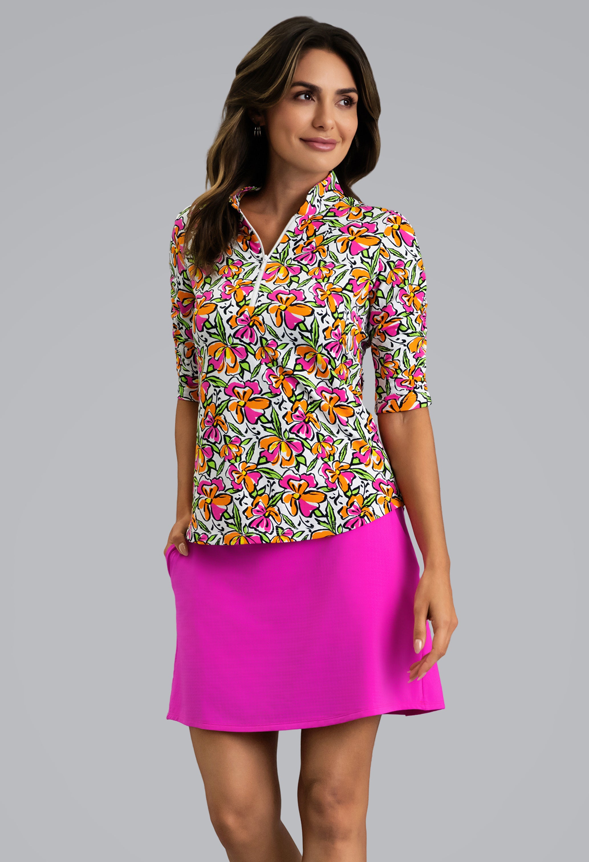 IBKÜL - Sonia Ruched Elbow Sleeve Mandarin Collar Top - Color: Hot Pink/Orange Peel