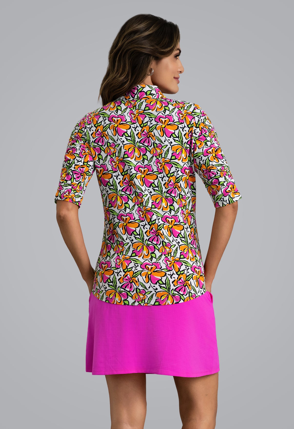 IBKÜL - Sonia Ruched Elbow Sleeve Mandarin Collar Top - Color: Hot Pink/Orange Peel