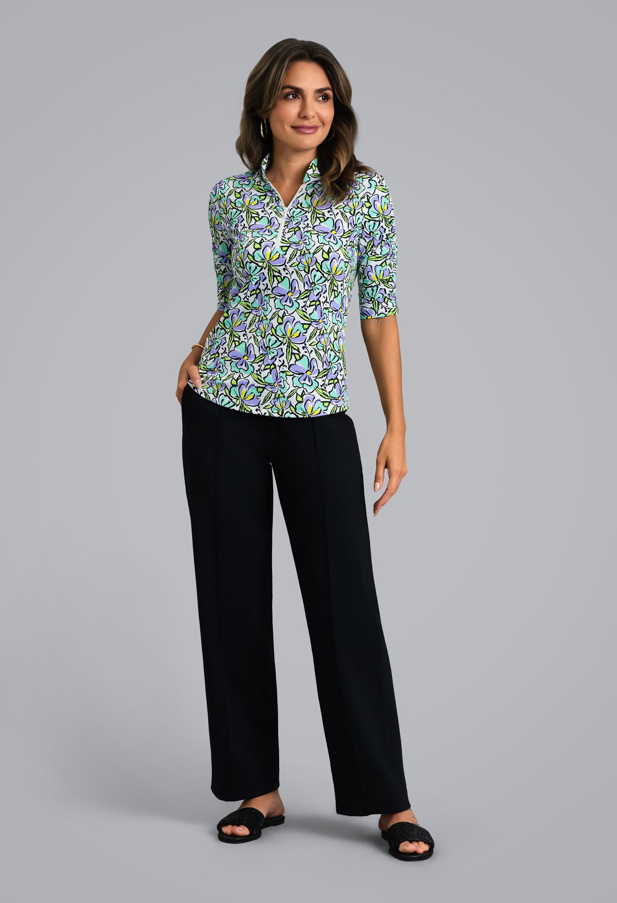 IBKÜL - Sonia Ruched Elbow Sleeve Mandarin Collar Top - Color: Jade/Lavender