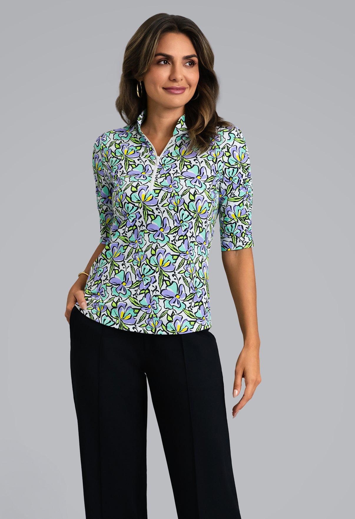 IBKÜL - Sonia Ruched Elbow Sleeve Mandarin Collar Top - Color: Jade/Lavender