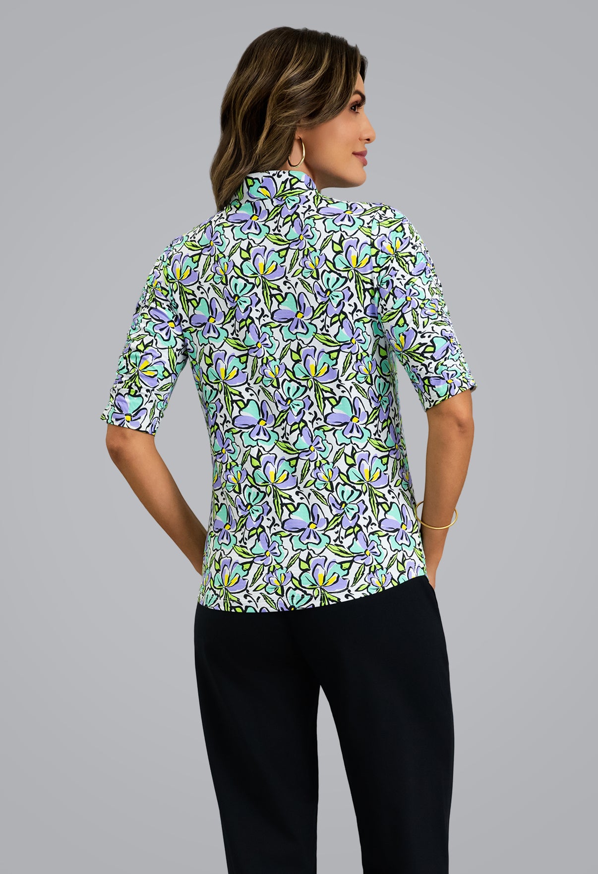 IBKÜL - Sonia Ruched Elbow Sleeve Mandarin Collar Top - Color: Jade/Lavender