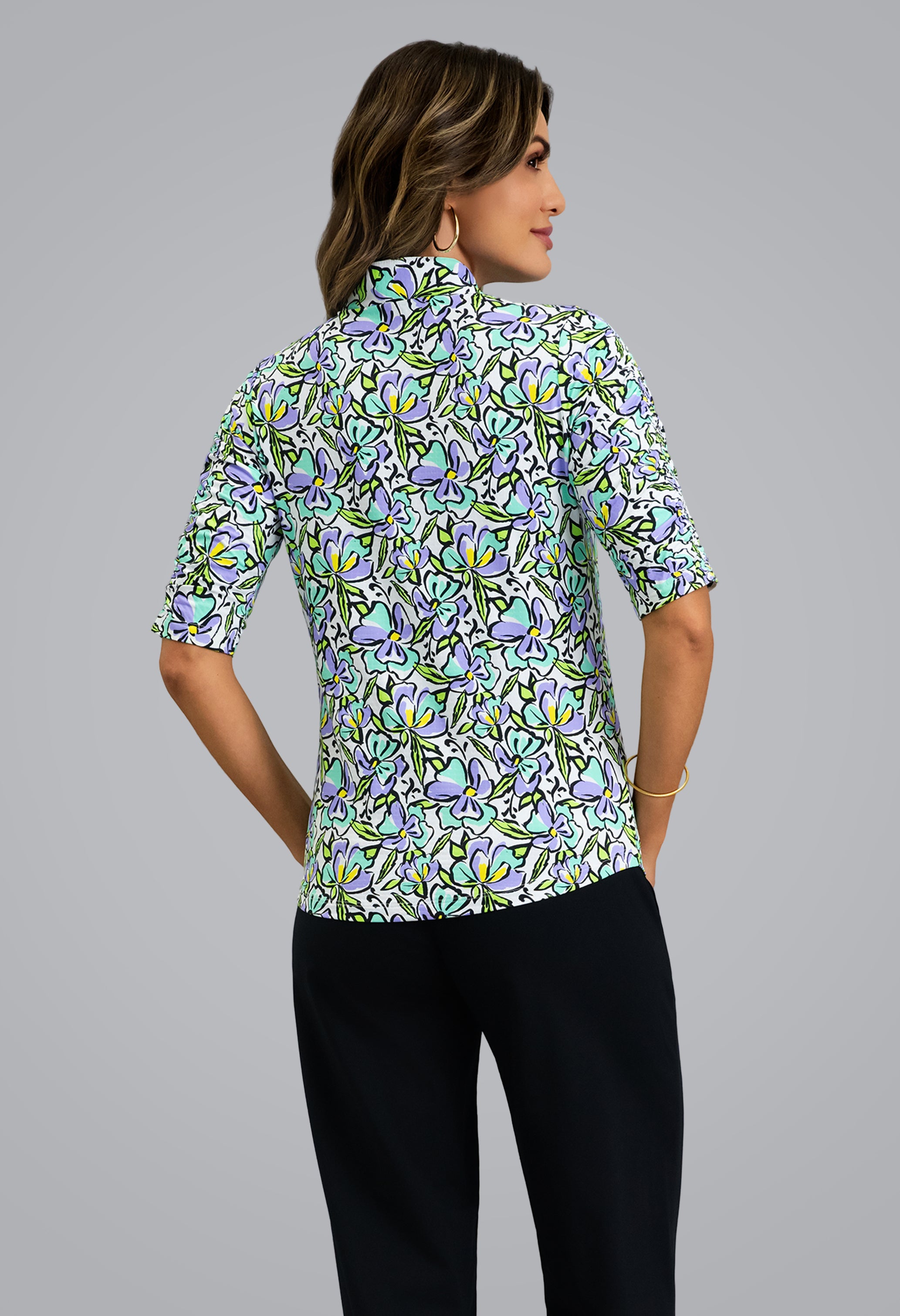 IBKÜL - Sonia Ruched Elbow Sleeve Mandarin Collar Top - Color: Jade/Lavender